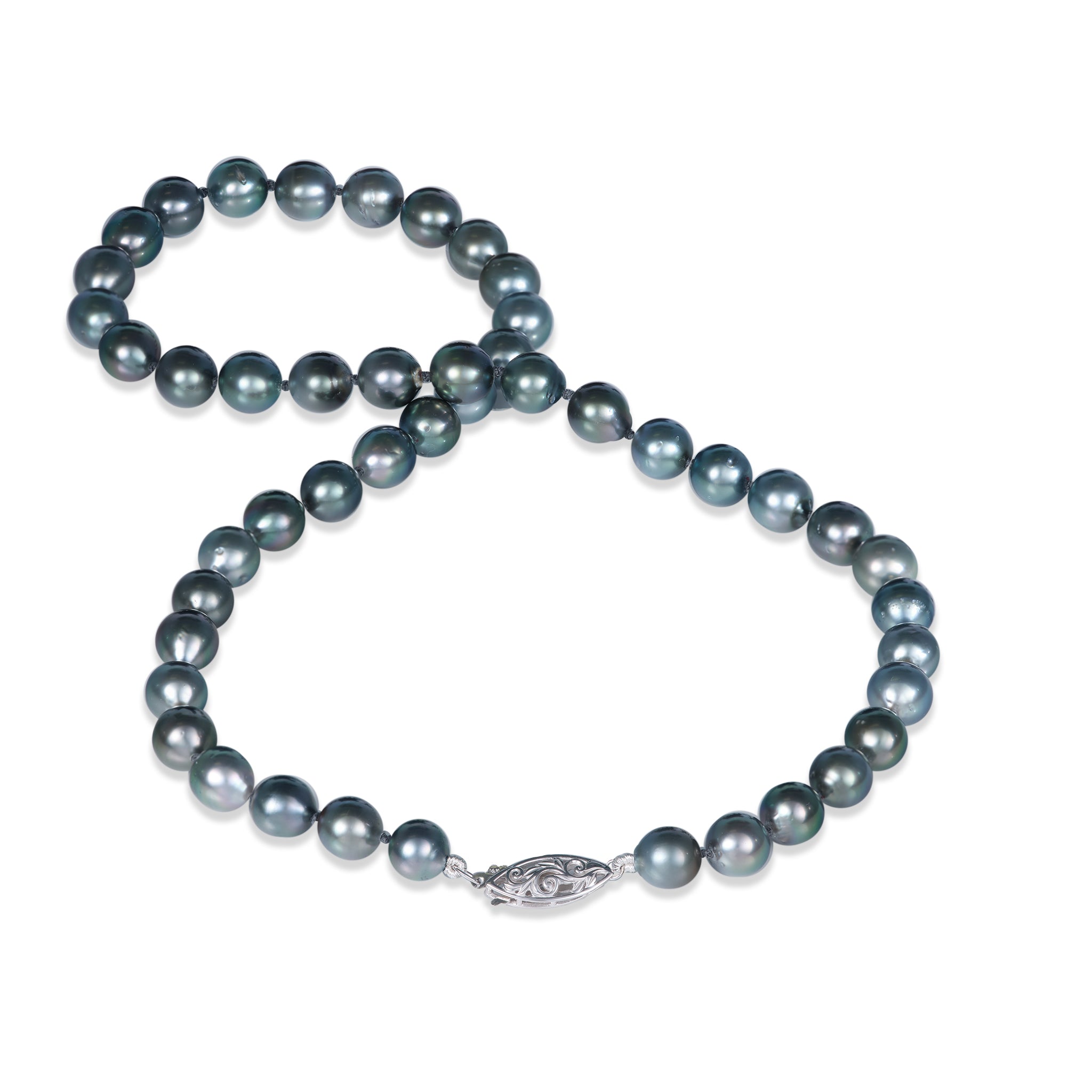 18-19 Tahitian Black Pearl Strand with White Gold Clasp - 8-11mm- Made in Hawaii