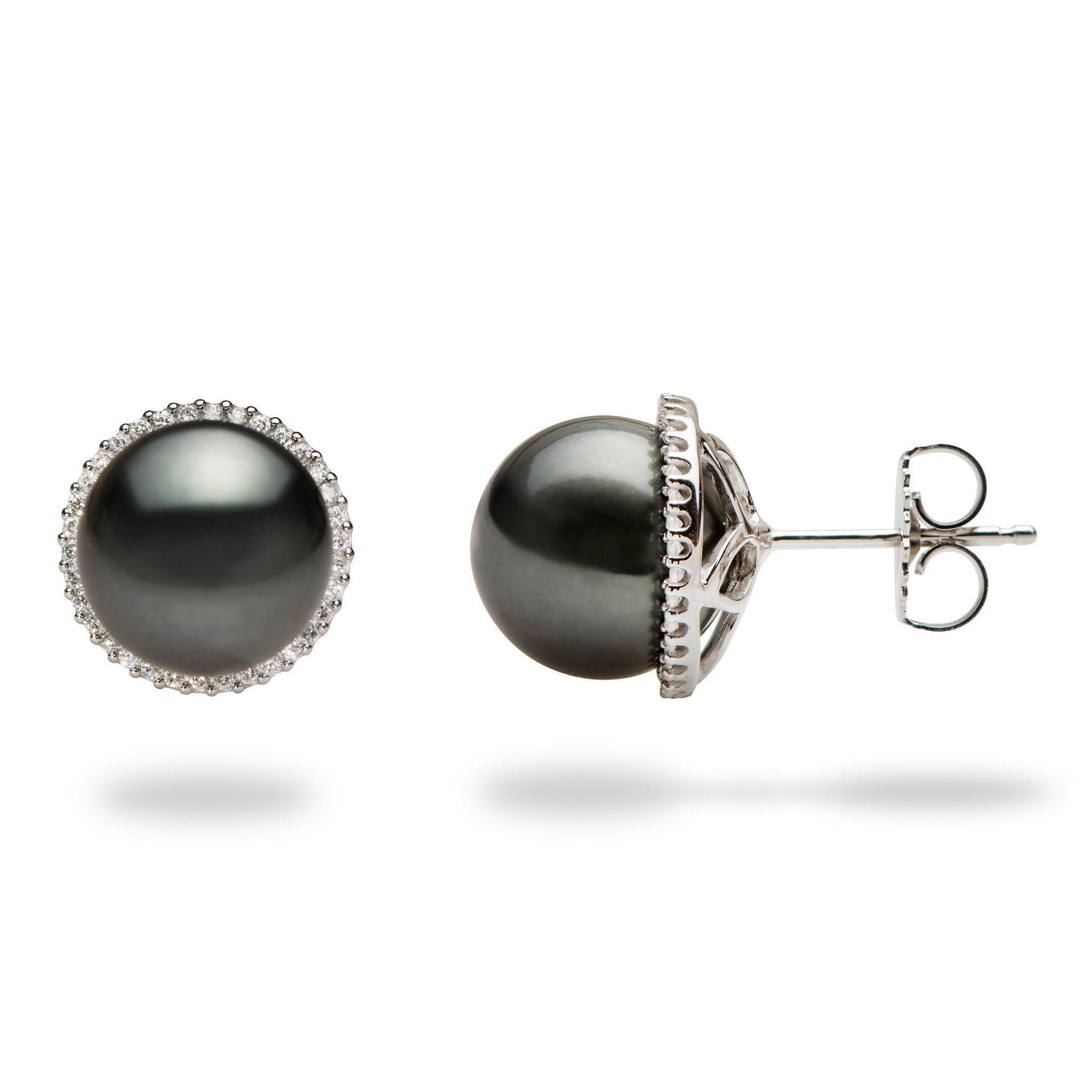 Tahitian Black Pearl Earrings in White Gold with Diamonds - 10-11mm