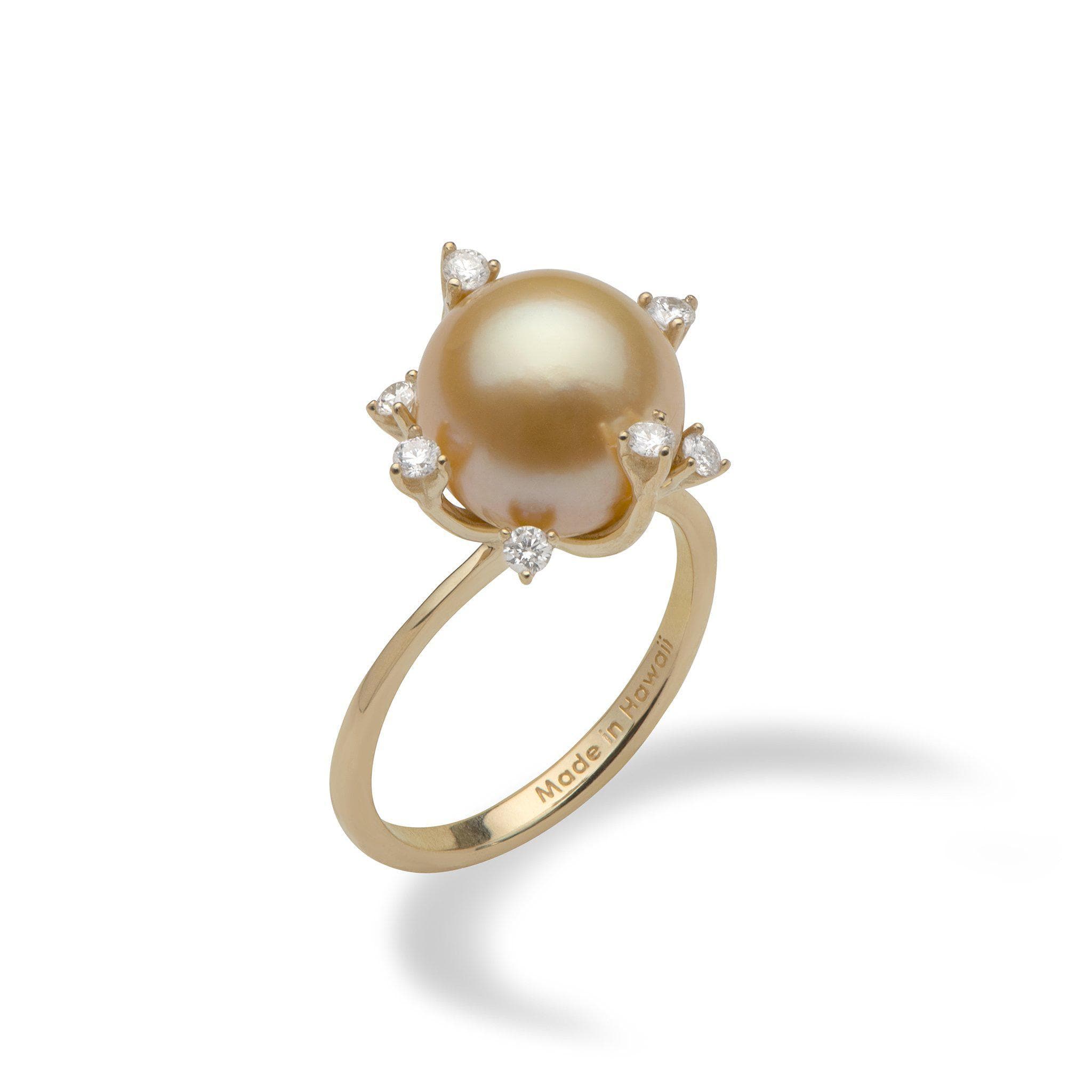 Protea South Sea Gold Pearl Ring in Gold with Diamonds - 10-11mm