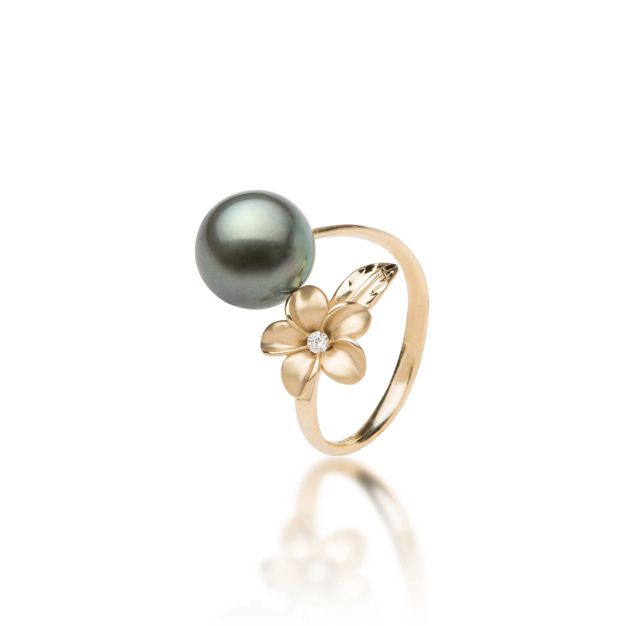 Plumeria Tahitian Black Pearl Ring in Gold with Diamond - 9mm