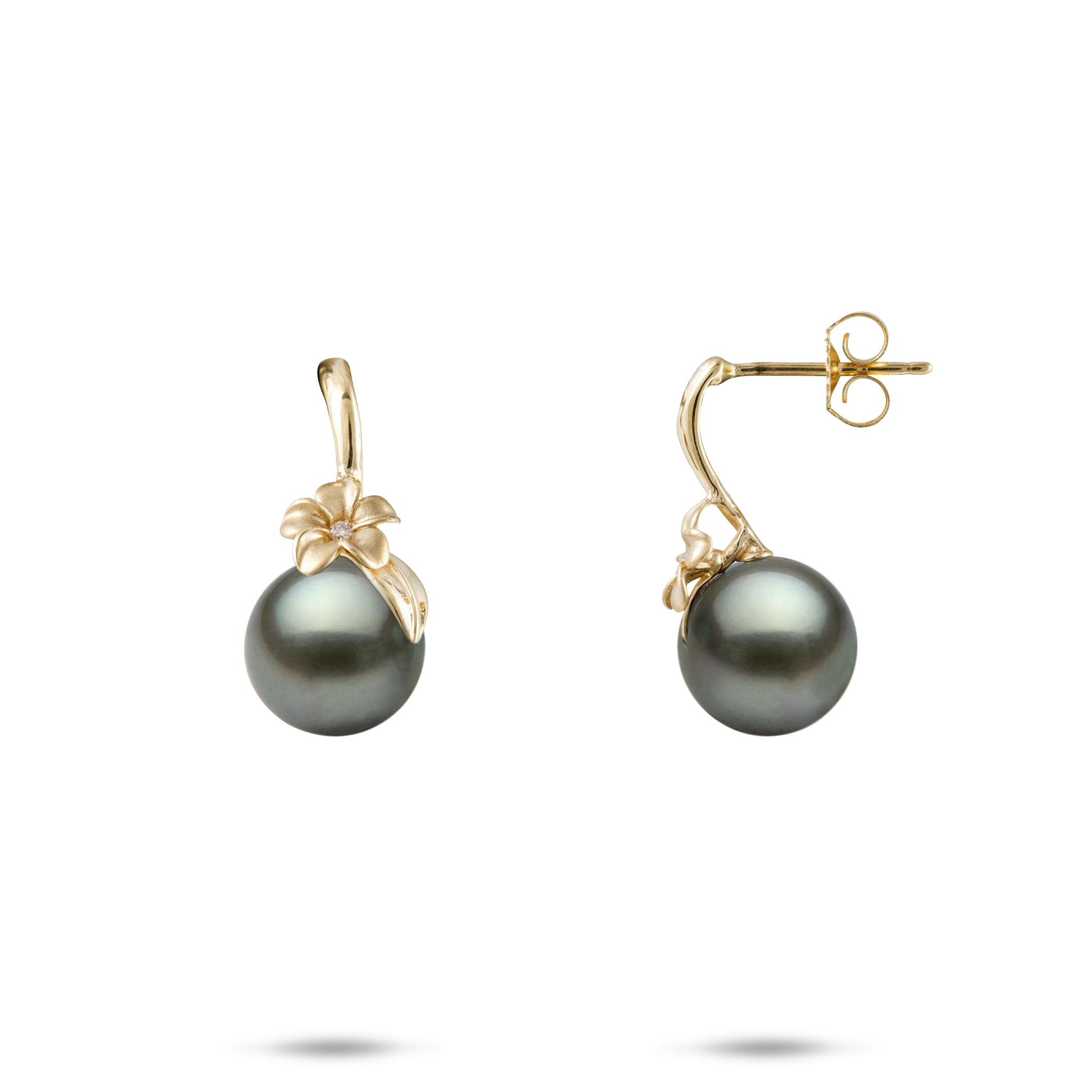 Plumeria Tahitian Black Pearl Earrings in Gold with Diamonds - 8-9mm