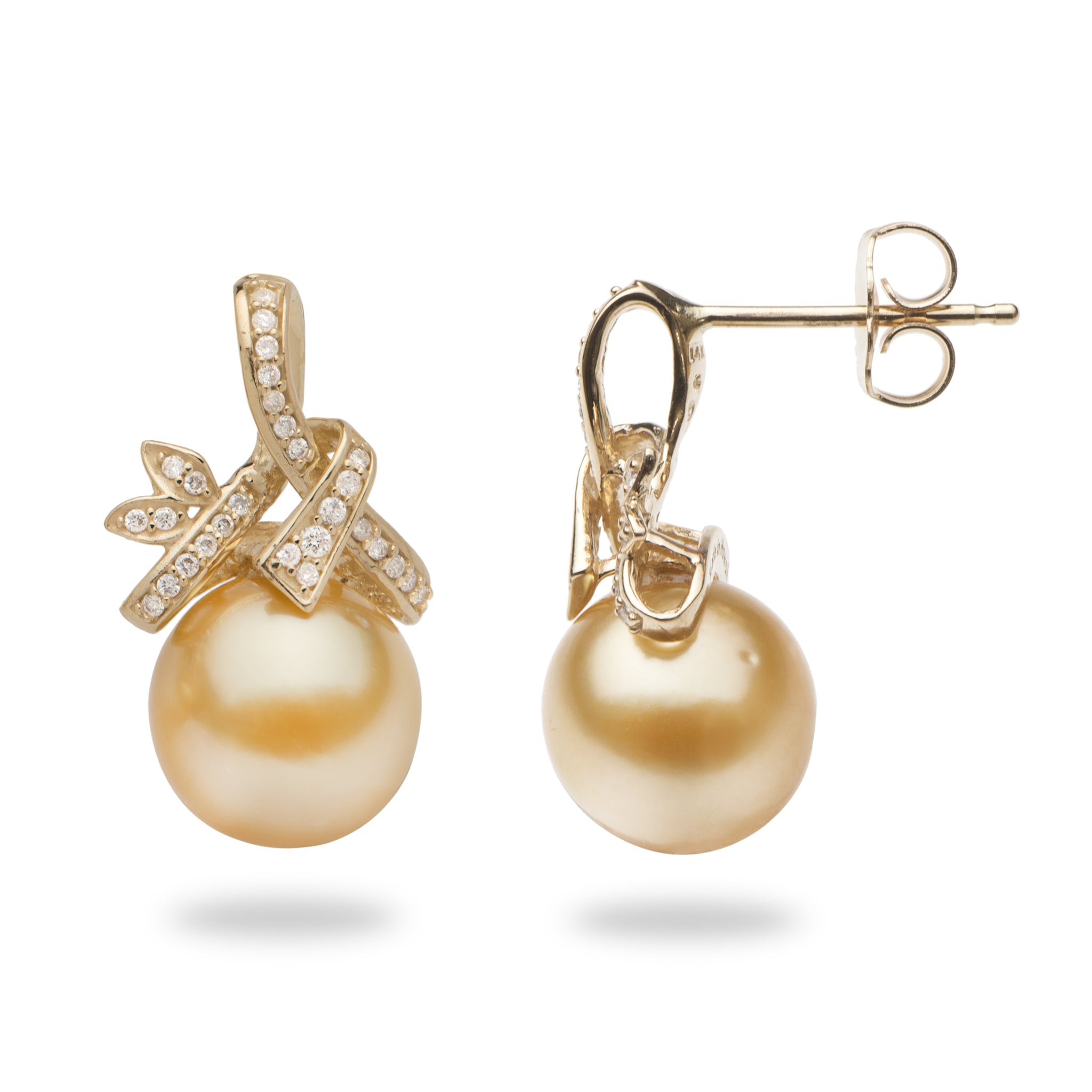 South Sea Gold Pearl Earrings in Gold with Diamonds - 9-10mm