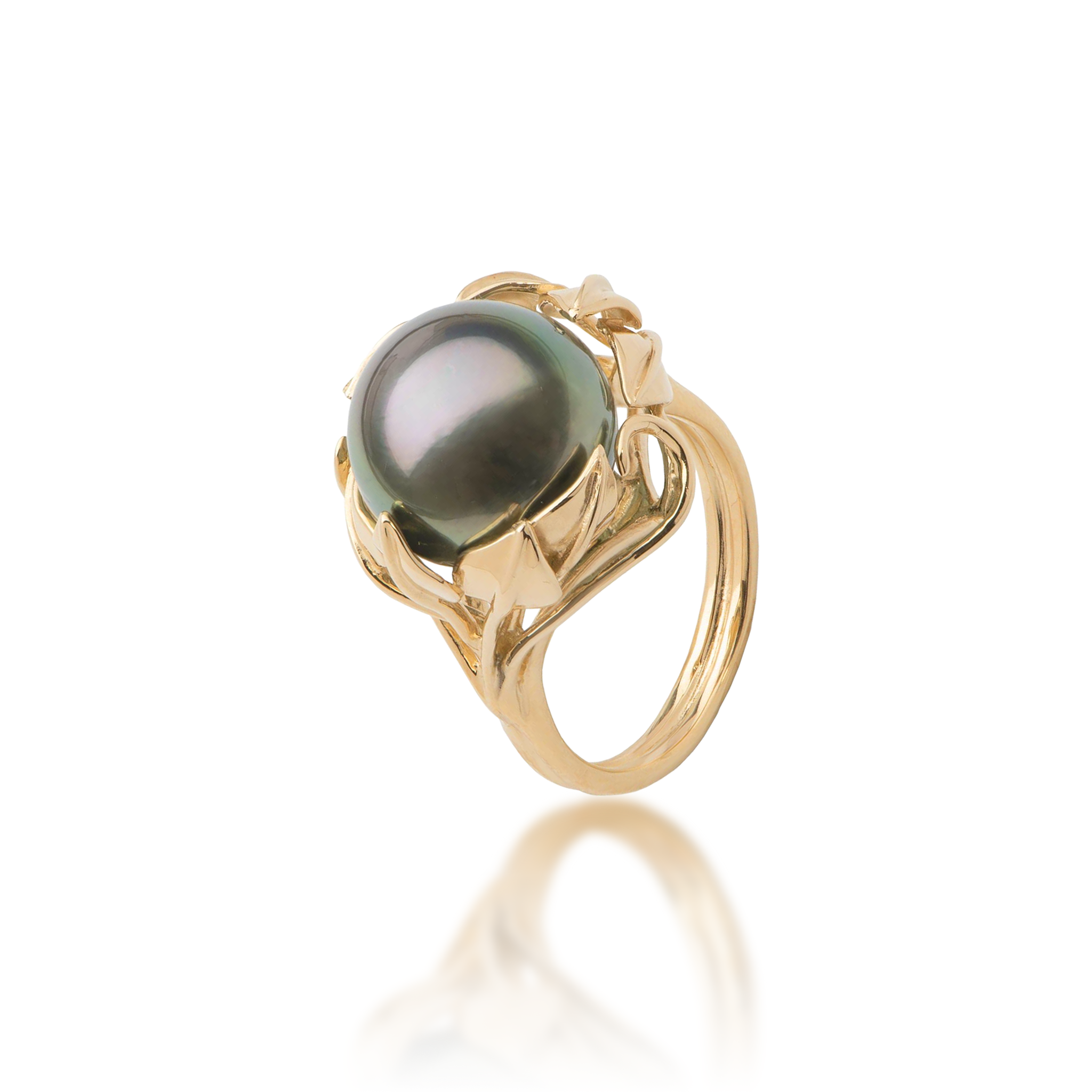 Maile Leaf Tahitian Black Pearl Ring in Gold - 12-13mm