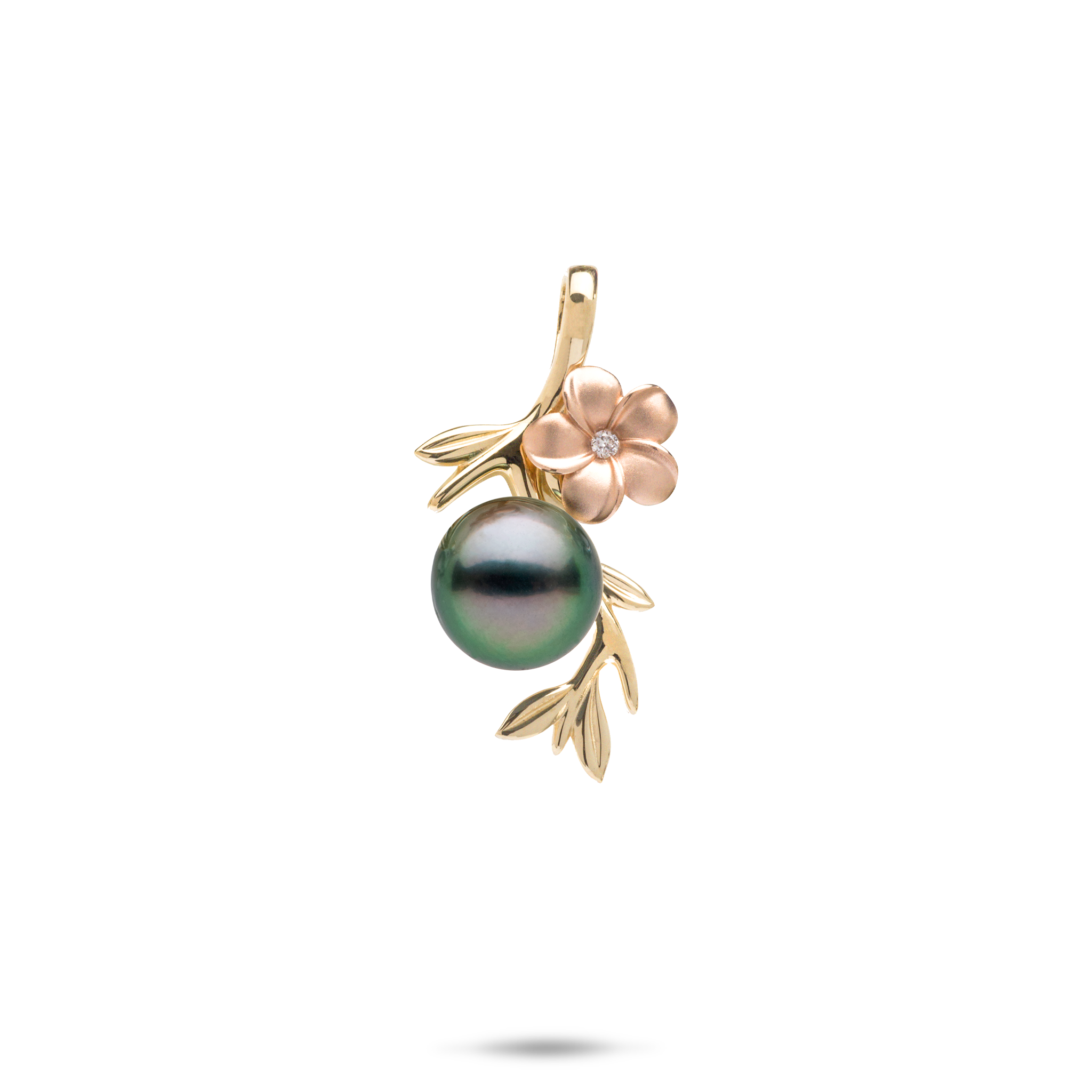 Pearls in Bloom Plumeria Tahitian Black Pearl Pendant in Two Tone Gold with Diamond - 25mm