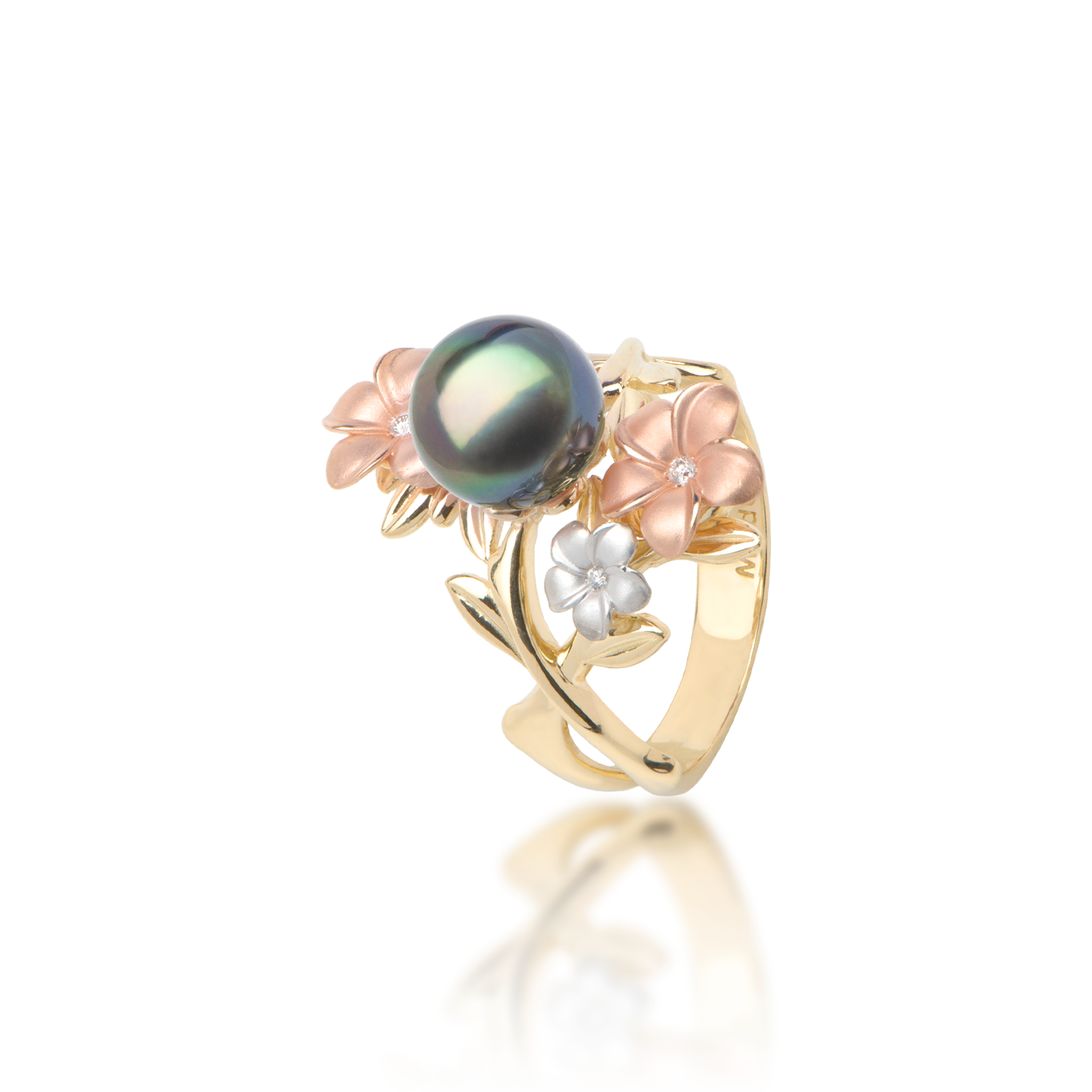 Pearls in Bloom Plumeria Tahitian Black Pearl Ring in Tri Color Gold with Diamonds - 22mm