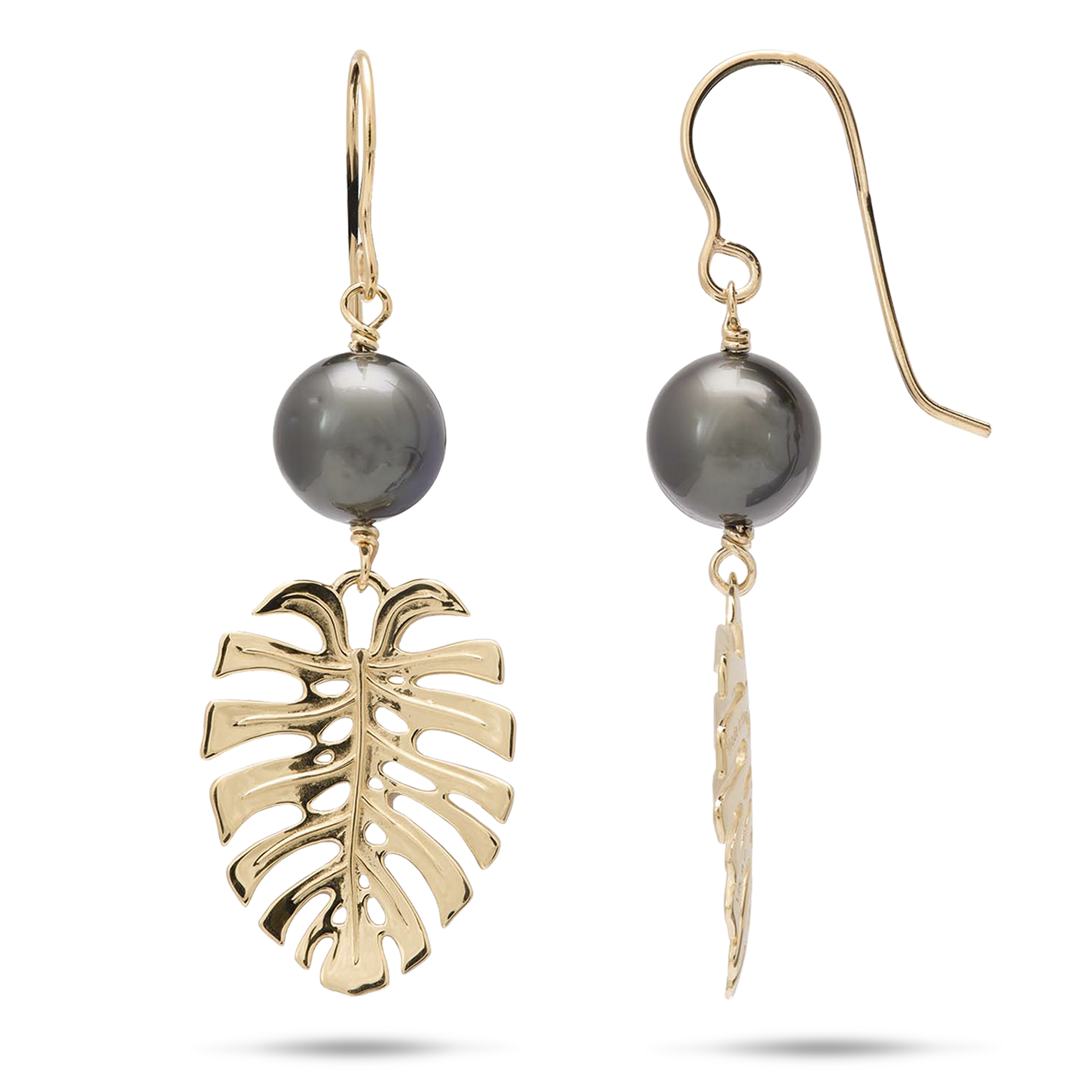 Monstera Tahitian Black Pearl Earrings in Gold - 23mm