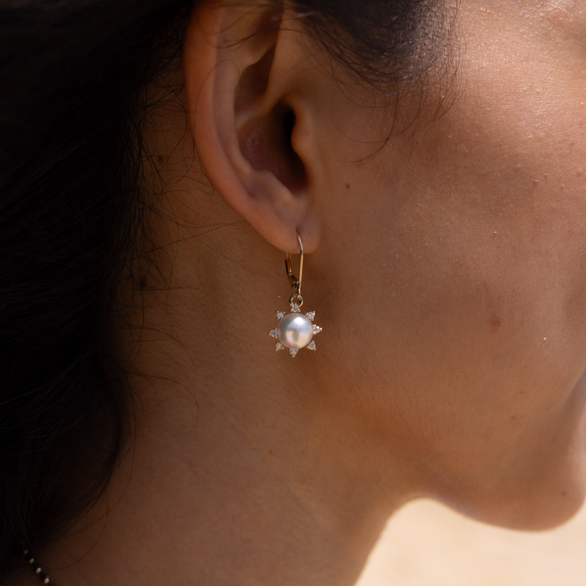 Protea Akoya White Pearl Earrings in Gold with Diamonds - 8mm