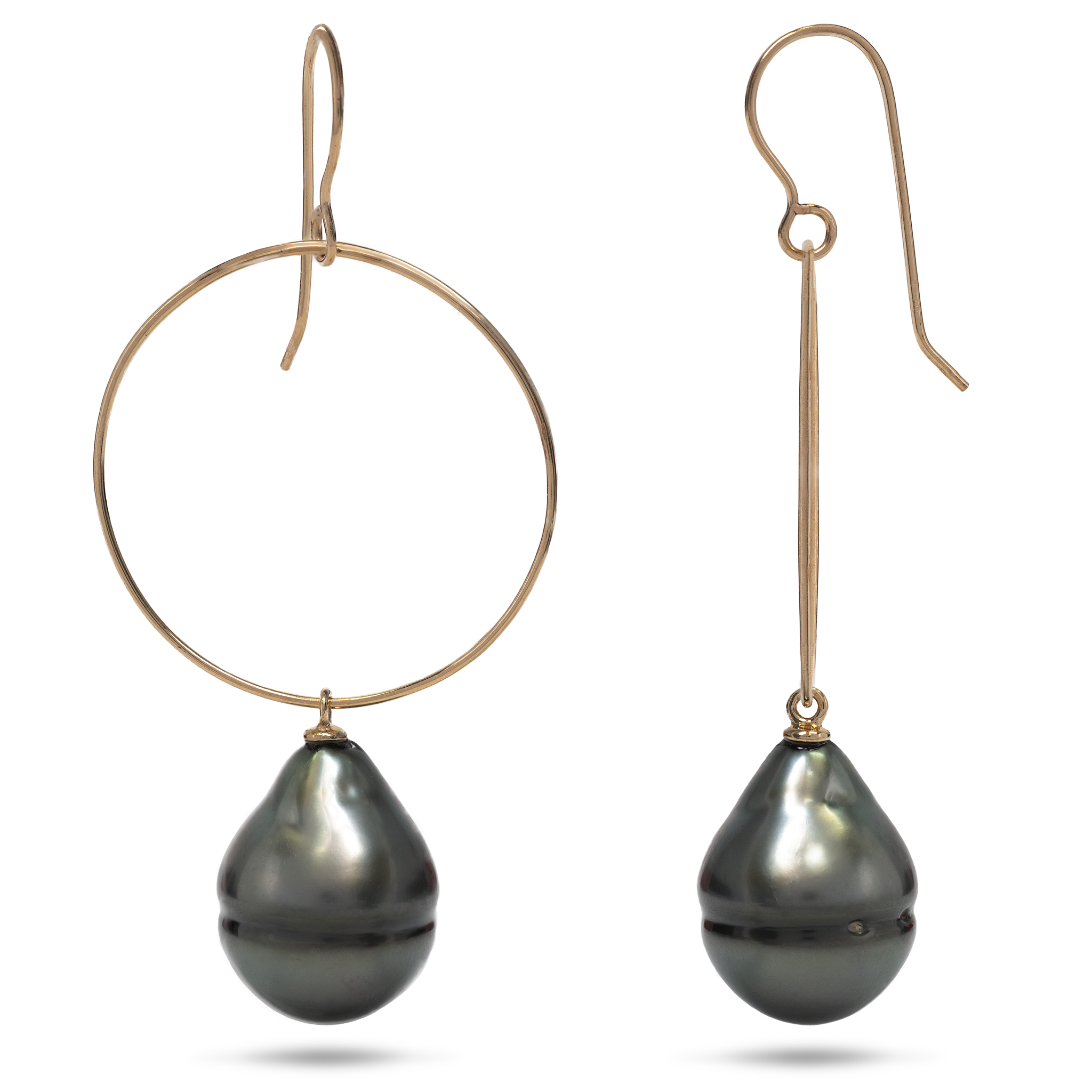 Circle Tahitian Black Pearl Hoop Earrings in Gold - 12-15mm