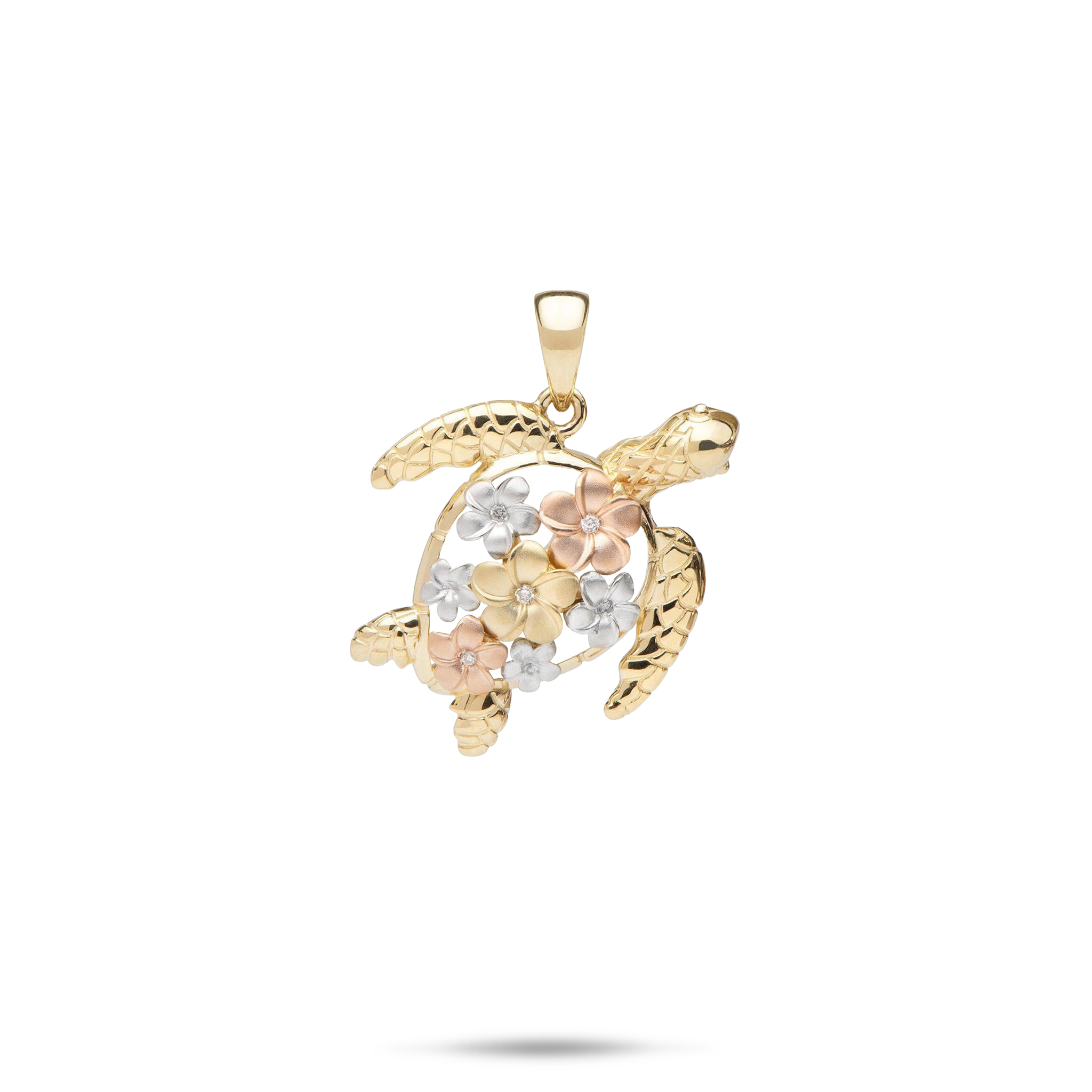 Plumeria Honu (Turtle) Pendant in Tri Color Gold with Diamonds - 21mm