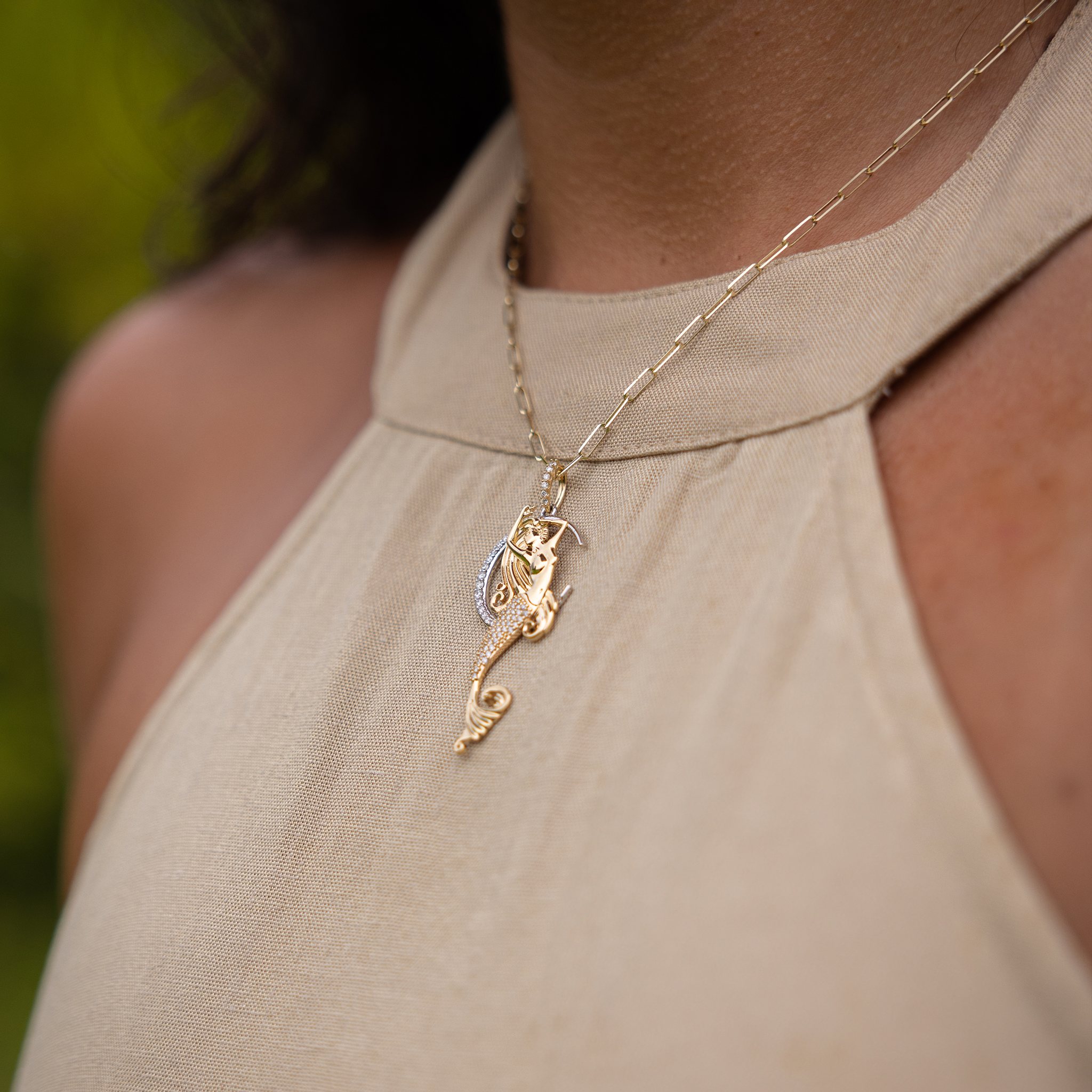 Moon Mermaid Pendant in Two Tone Gold with Diamonds - 42mm