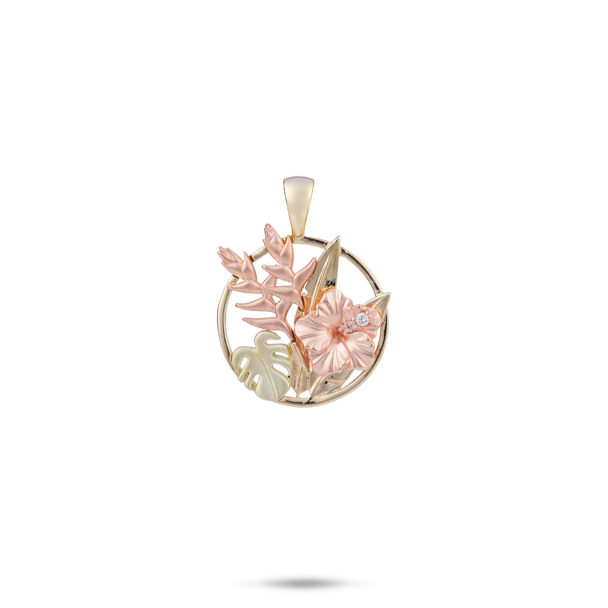 Hawaiian Gardens Hibiscus Pendant in Tri Color Gold with Diamonds - 15mm