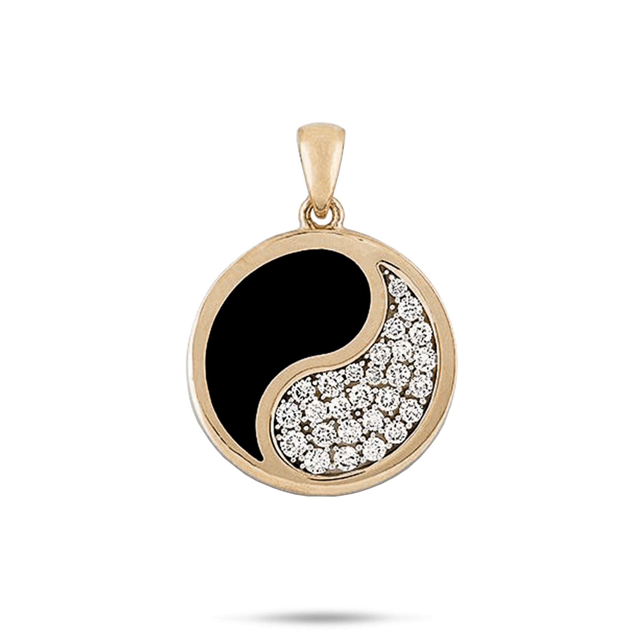 Yin-Yang-Anhänger mit schwarzer Koralle in Gold mit Diamanten – 22 mm