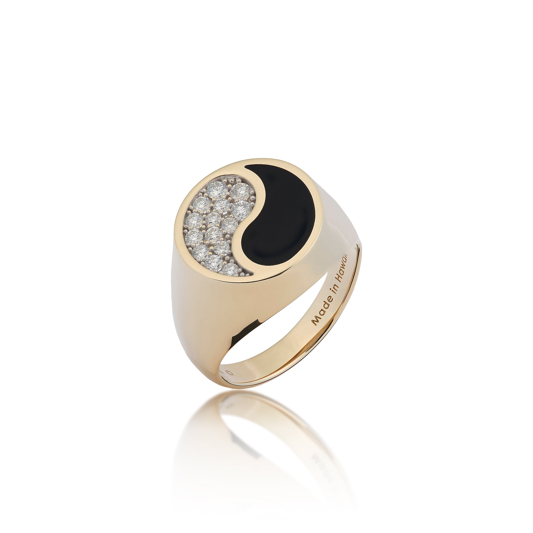 Yin-Yang-Ring mit schwarzer Koralle in Gold mit Diamanten – 17,5 mm