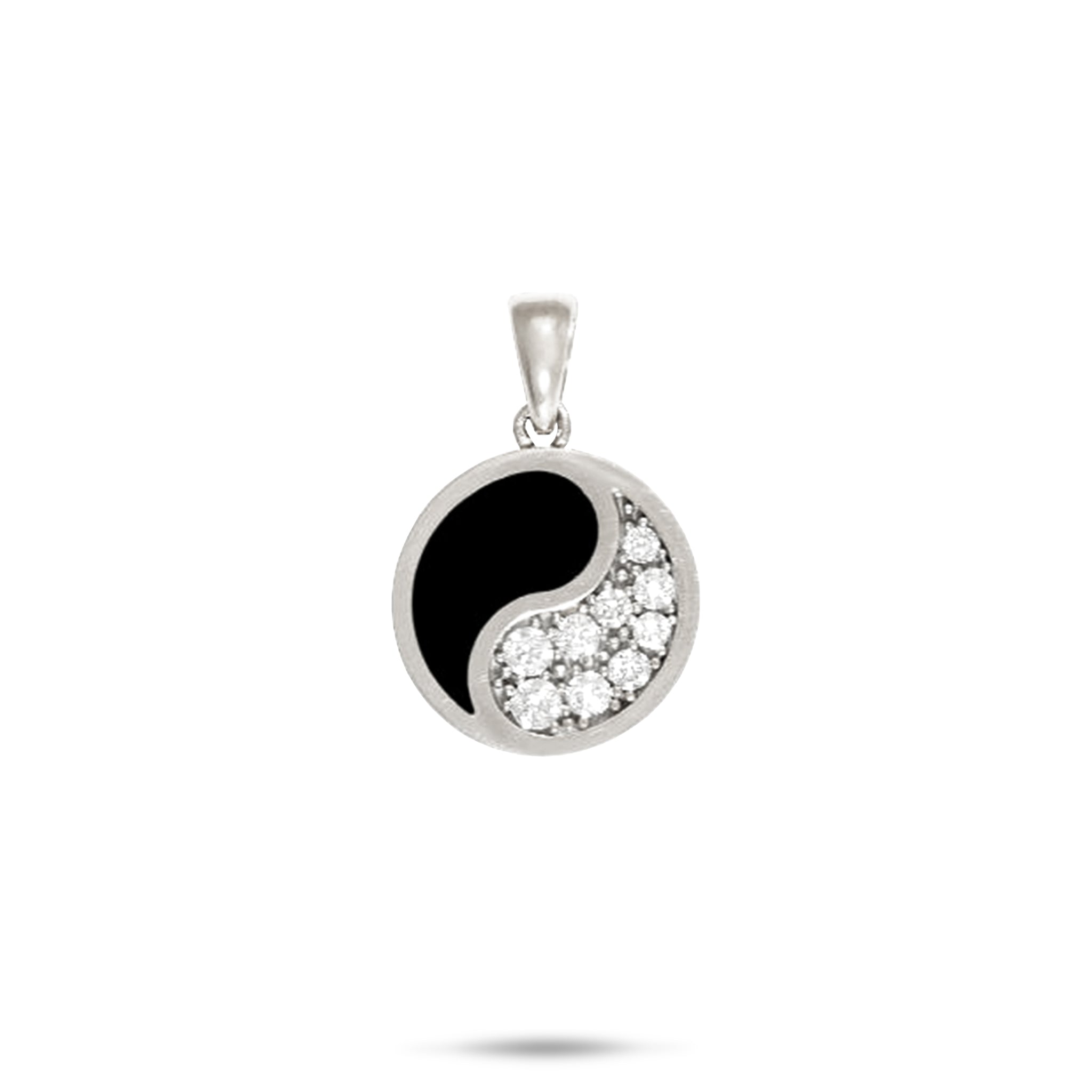 PENDANT DE CORAL NOIR DE YIN YANG EN OR BLANC avec des diamants - 15 mm