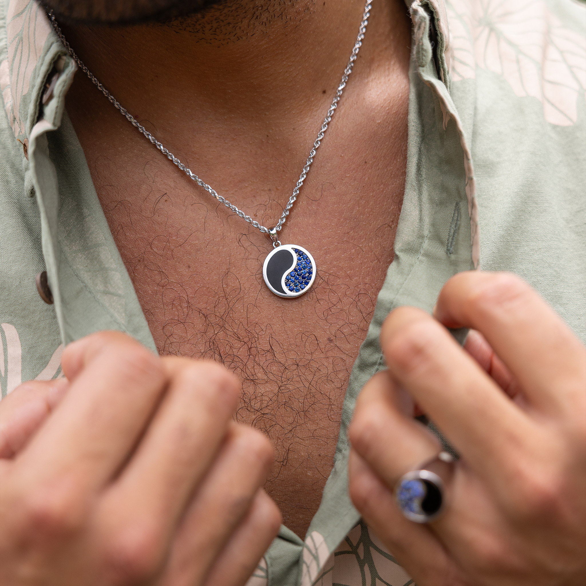 Yin Yang Black Coral Pendant in White Gold with Blue Sapphires - 22mm
