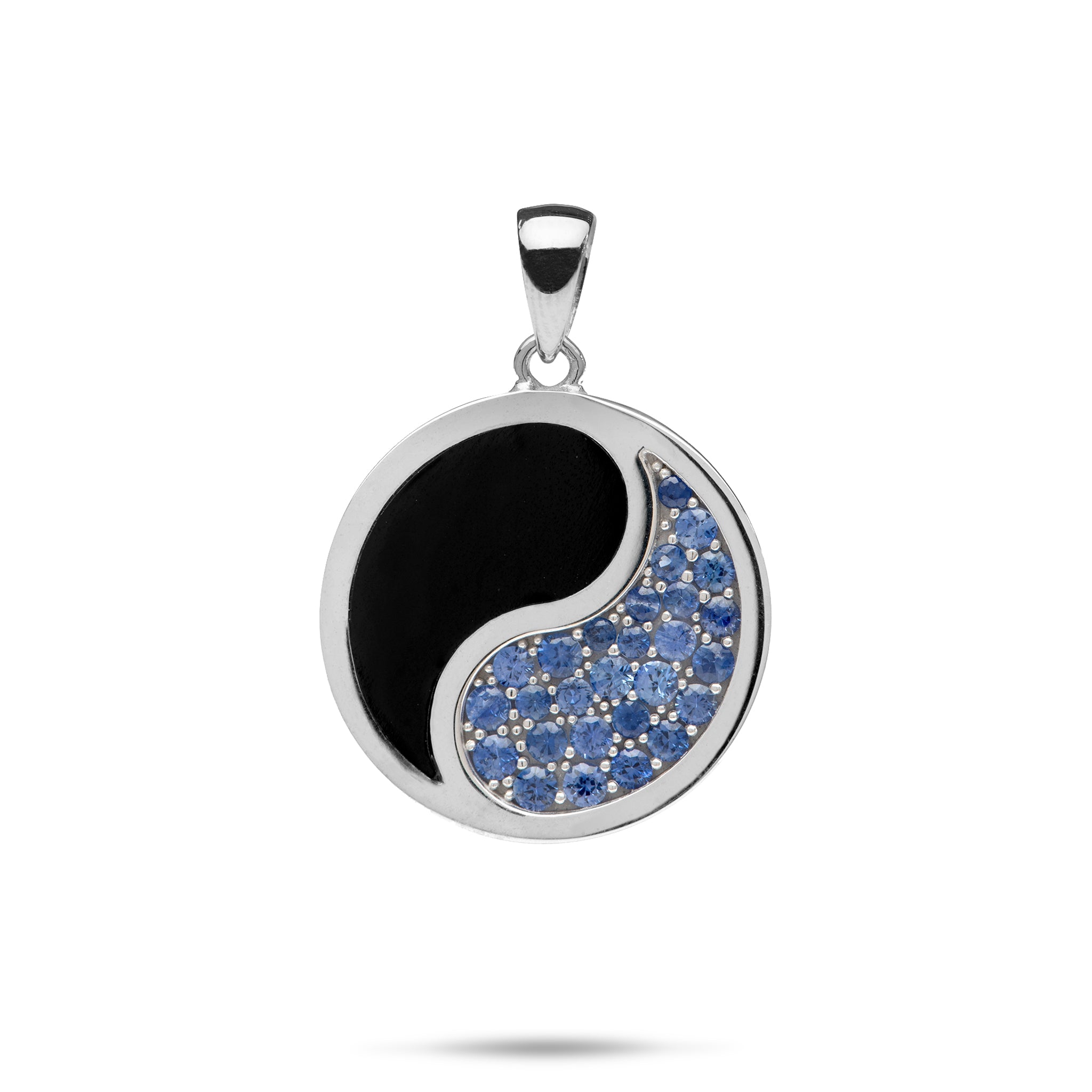 PENDANT DE CORAL NOIR YANT YANG EN OR BLANC avec des saphirs bleus - 22 mm