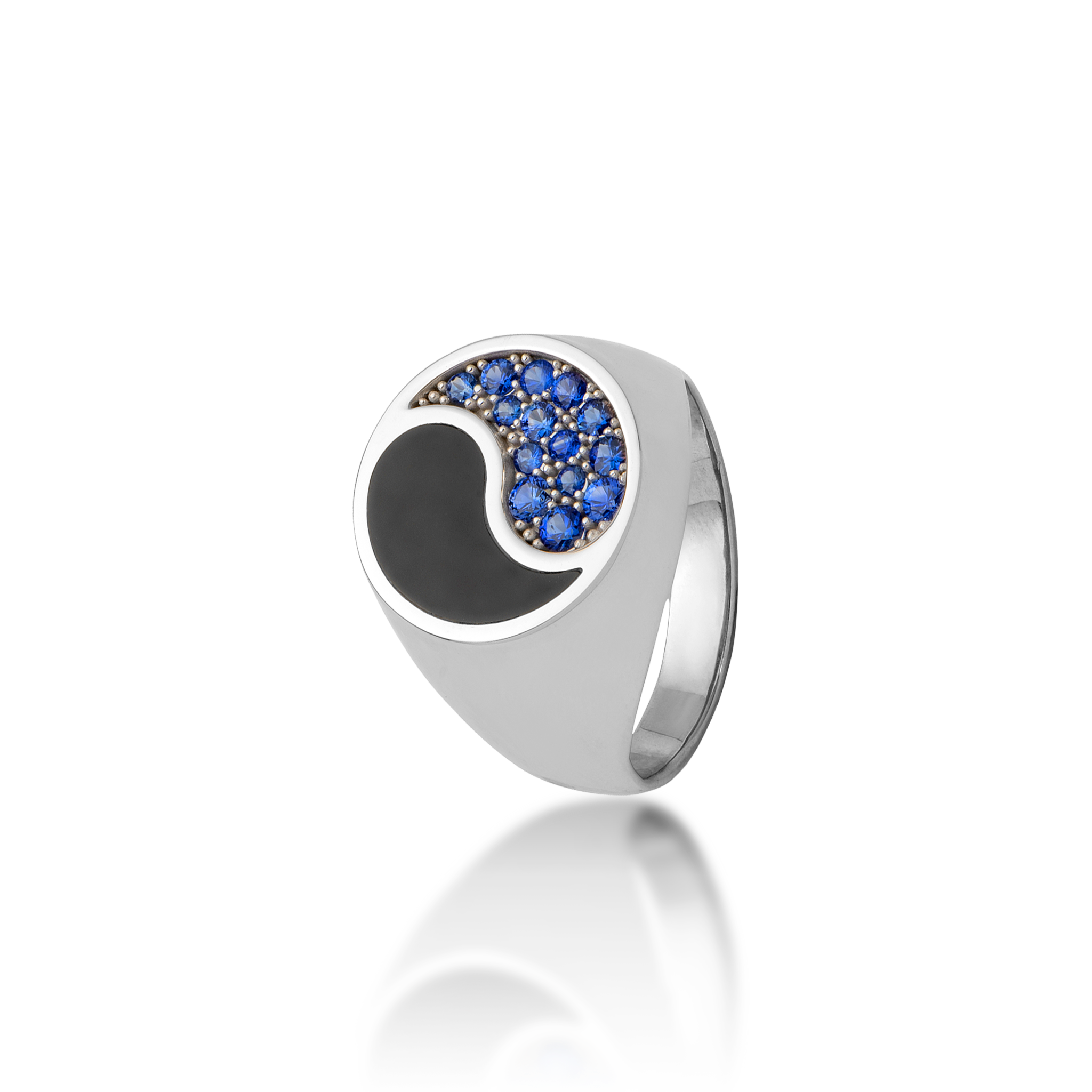 Yin Yang Black Coral Ring in White Gold with Blue Sapphires - 17.5mm