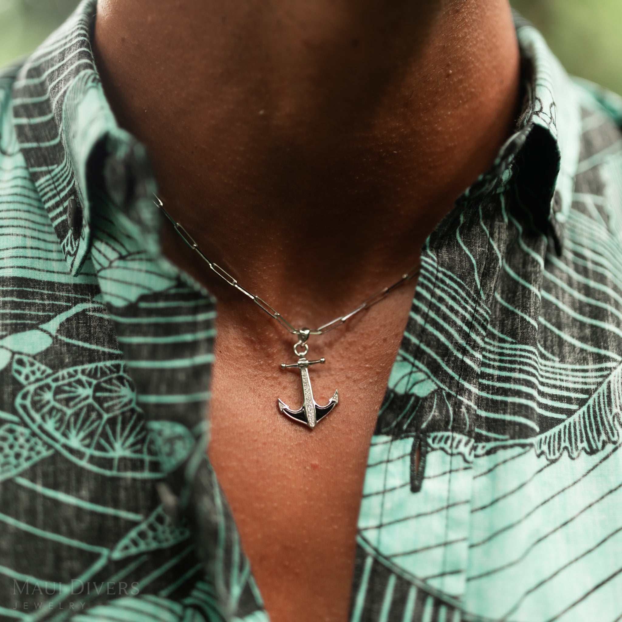 Sealife Anchor Black Coral Pendant in White Gold with Diamonds - 28mm