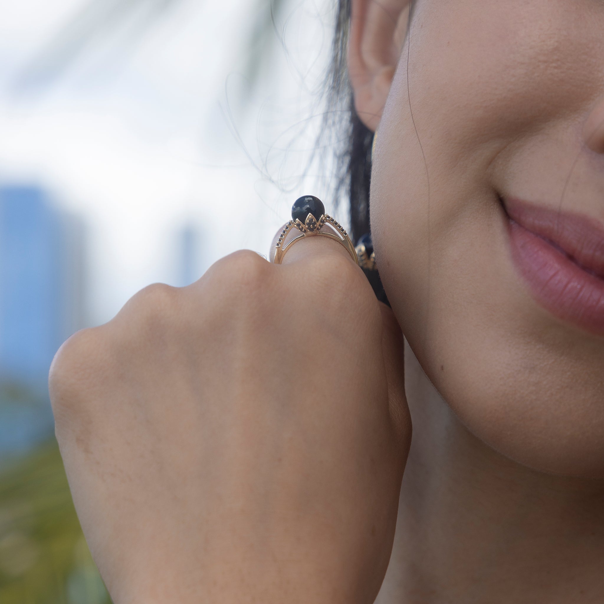 Night Blossom Black Coral Ring in Gold with Black Diamonds - 7-7.9mm