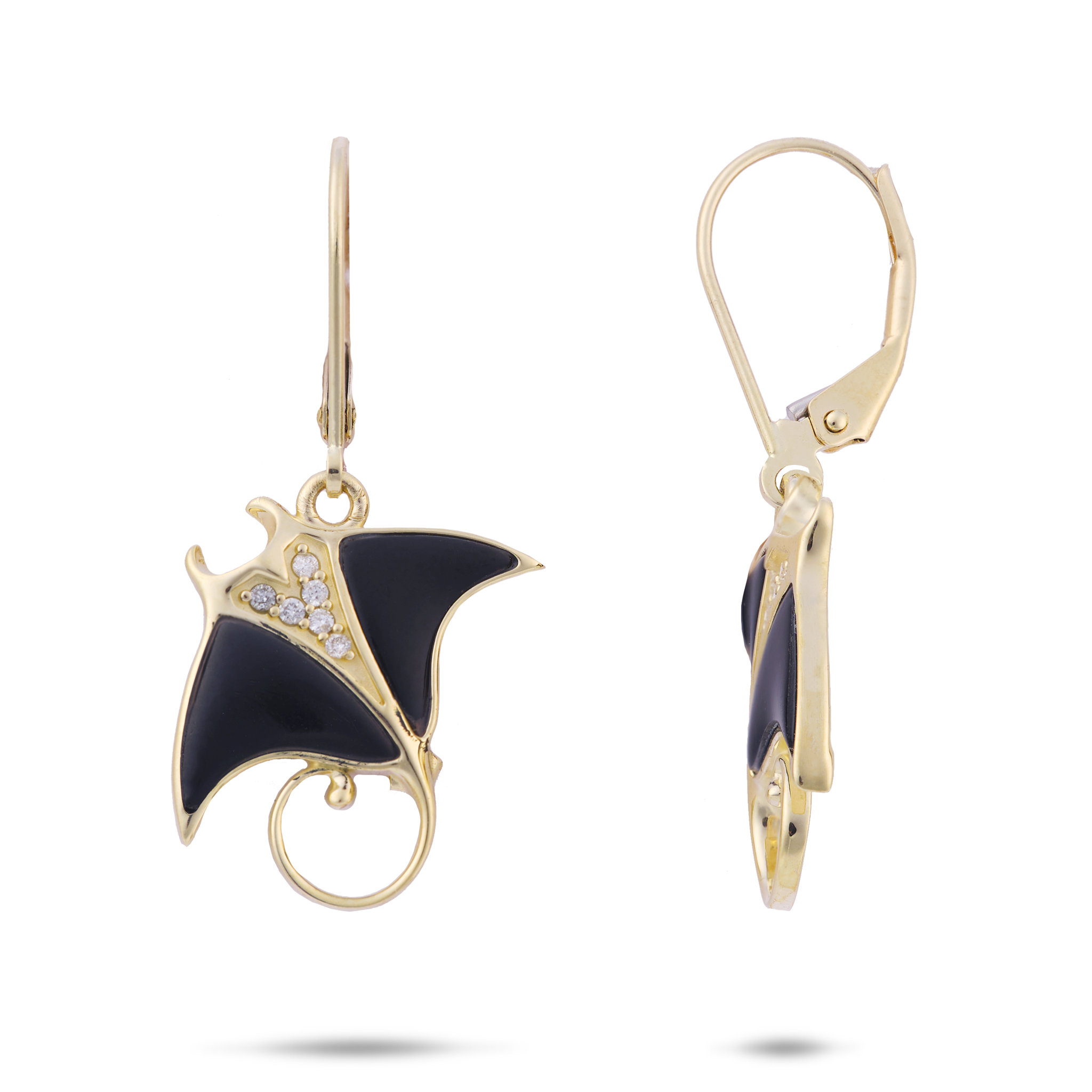 Sealife Manta Ray Black Coral Earrings in Gold with Diamonds - 20mm