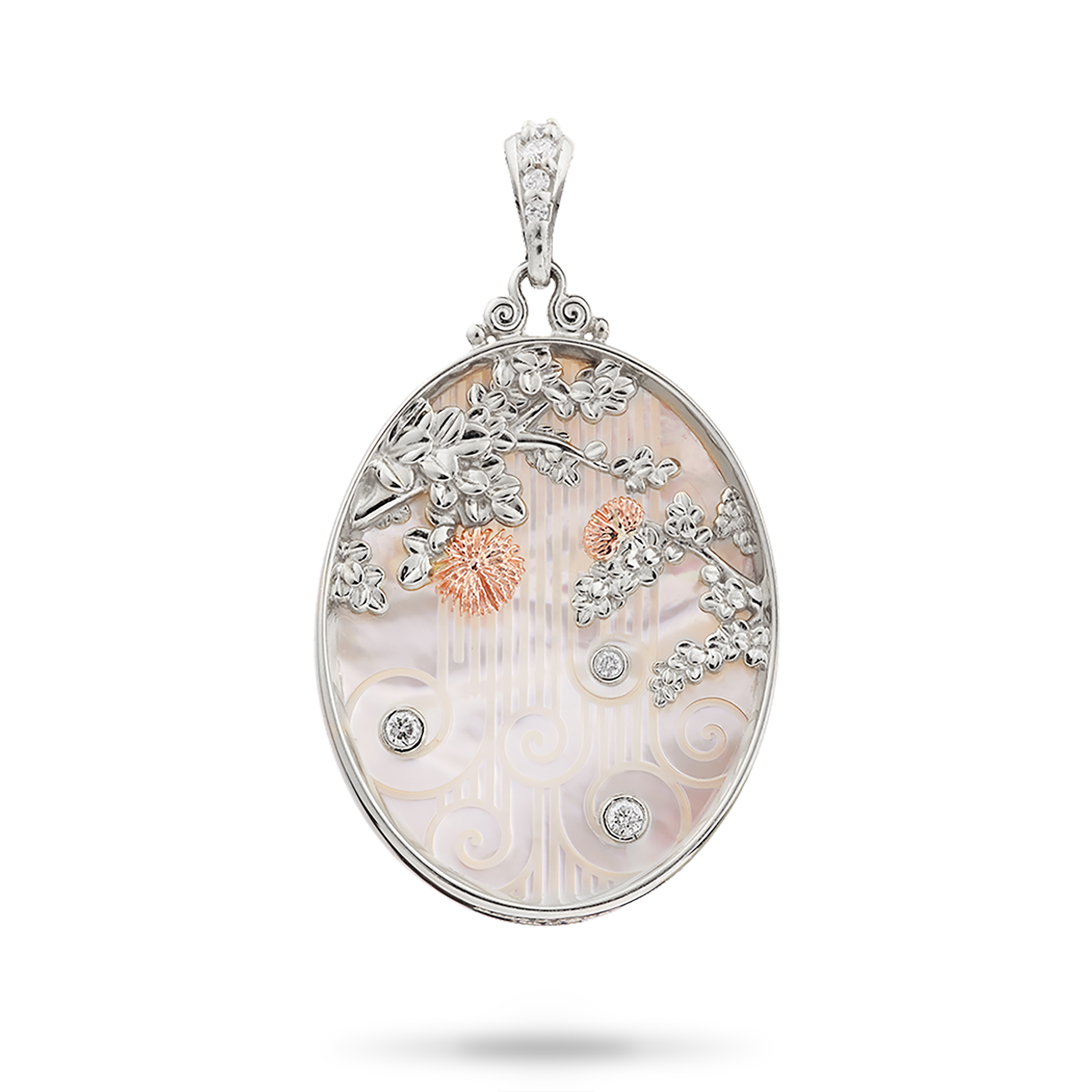 ʻŌhiʻa Lehua Waterfall Mother of Pearl Pendant in Two Tone Gold with Diamonds