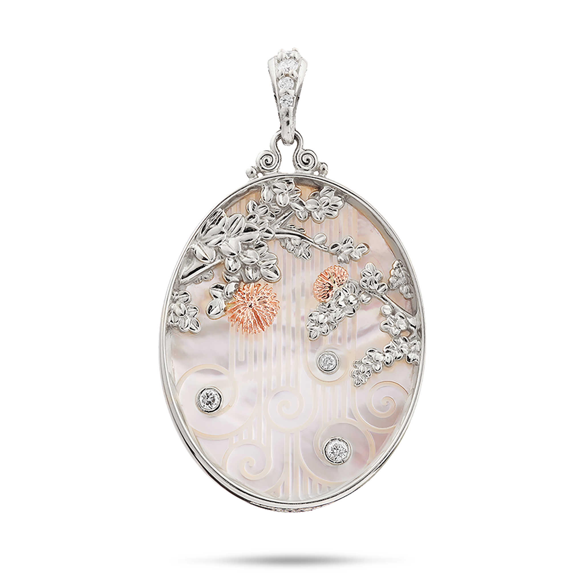 ʻŌhiʻa Lehua Waterfall Mother of Pearl Pendant in Two Tone Gold with Diamonds