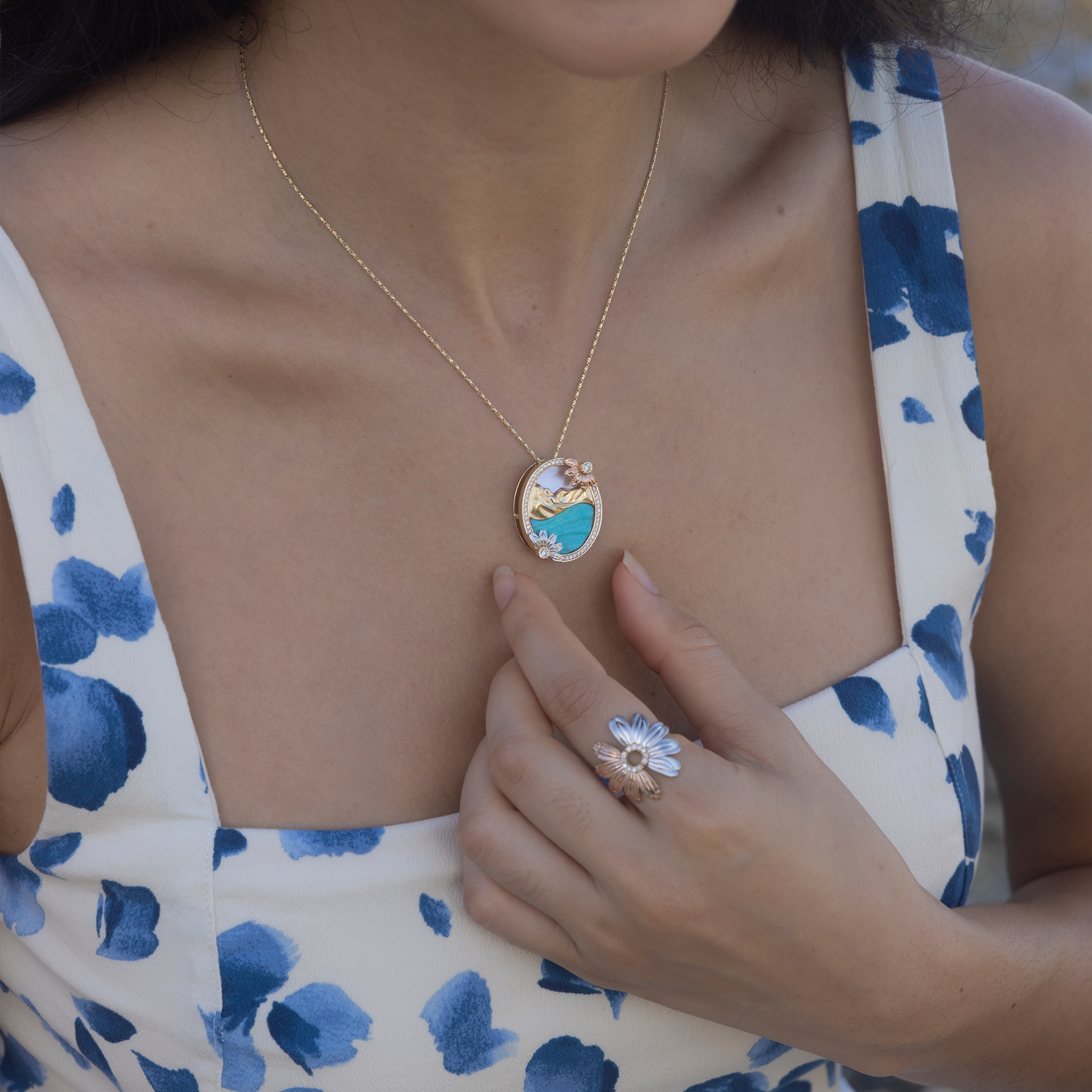 Beach & Mountain Naupaka Turquoise & Mother of Pearl Pendant in Tri Color Gold with Diamonds