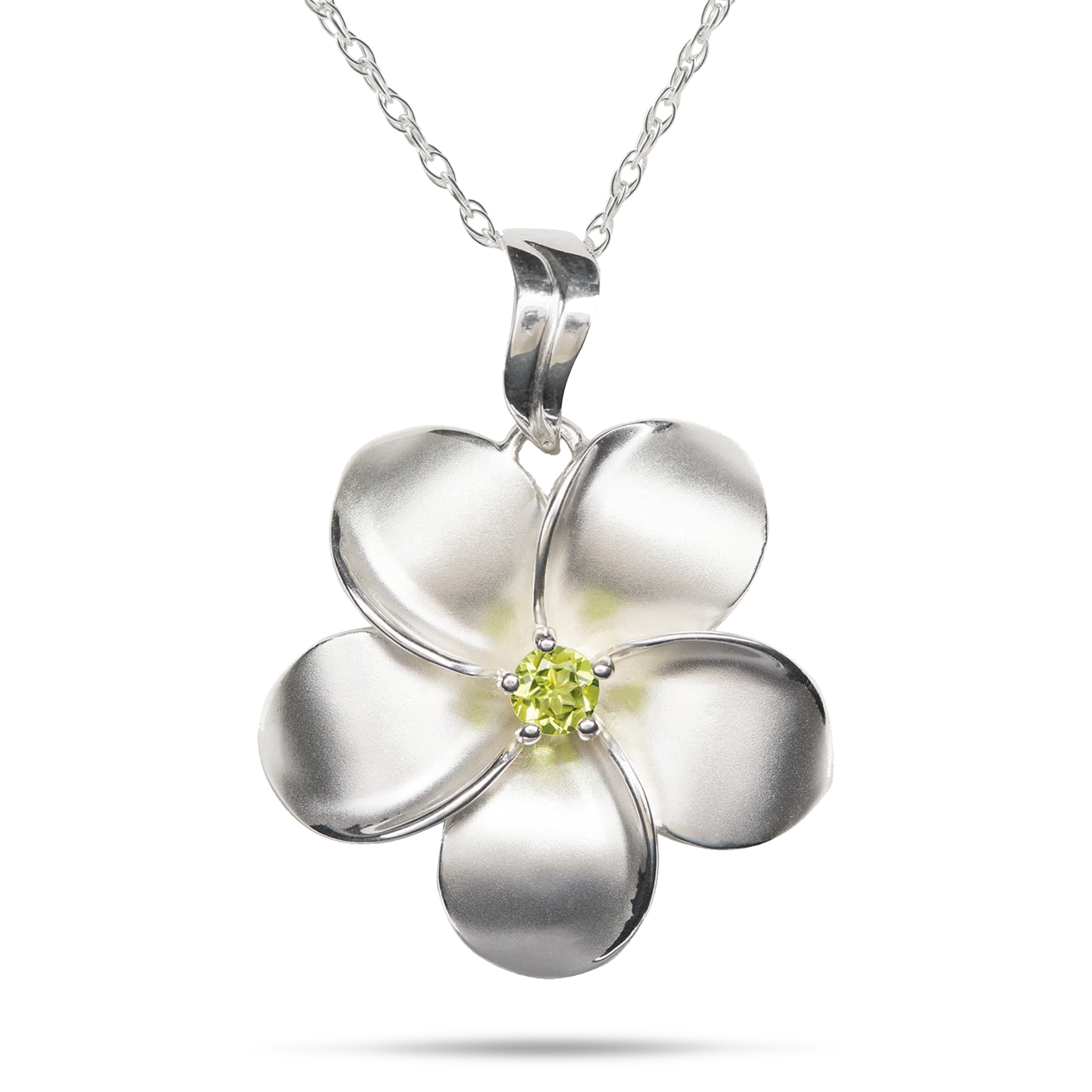 18" Plumeria Peridot Necklace in Sterling Silver - 28mm