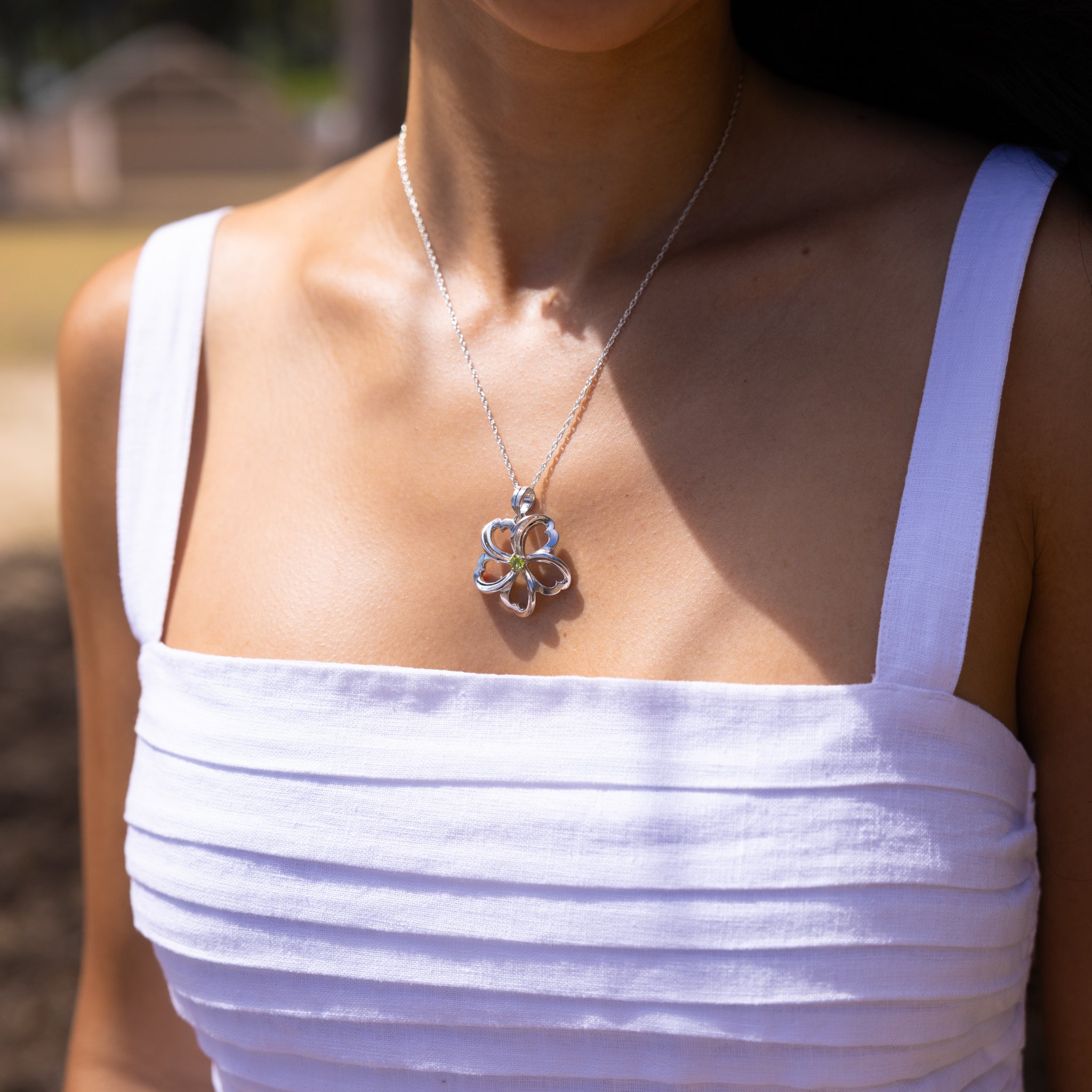 18" Plumeria Peridot Necklace in Sterling Silver - 30mm