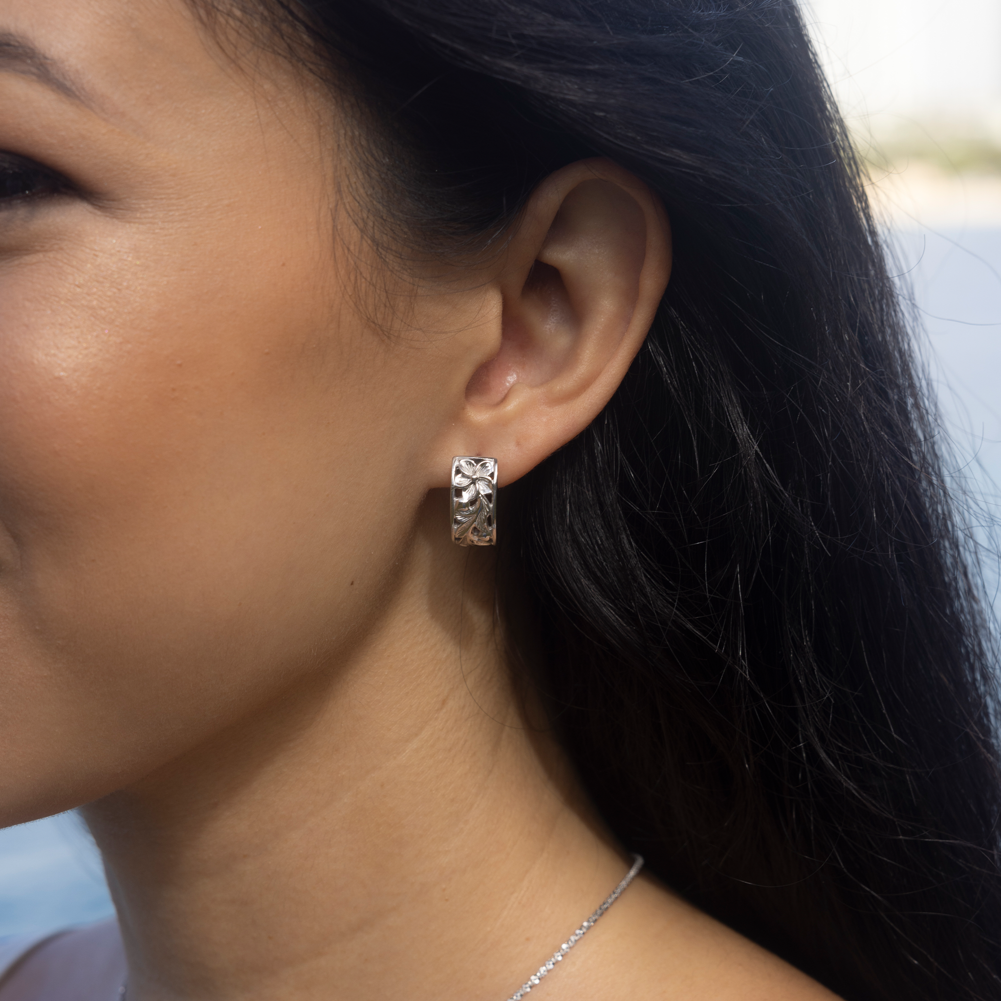 Hawaiian Heirloom Plumeria Scroll Hoop Earrings in Sterling Silver - 8mm