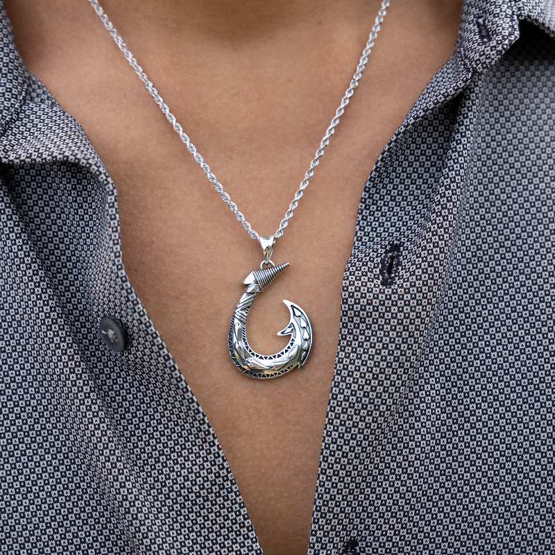Hawaiian Palaoa Fish Hook Sterling Silver Pendant Necklace - Maui Hands