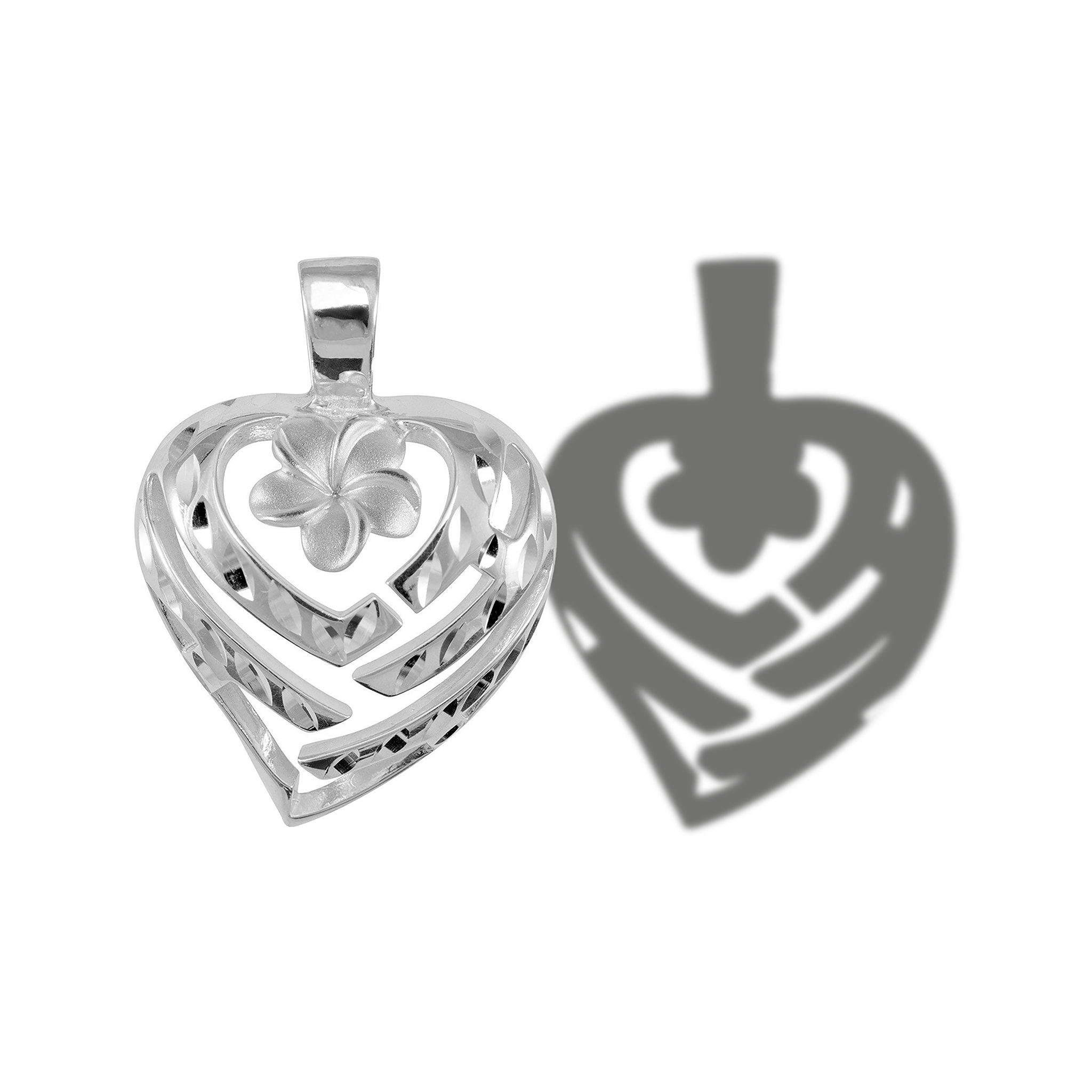 Aloha Heart Plumeria Pendant in Sterling Silver - 21mm