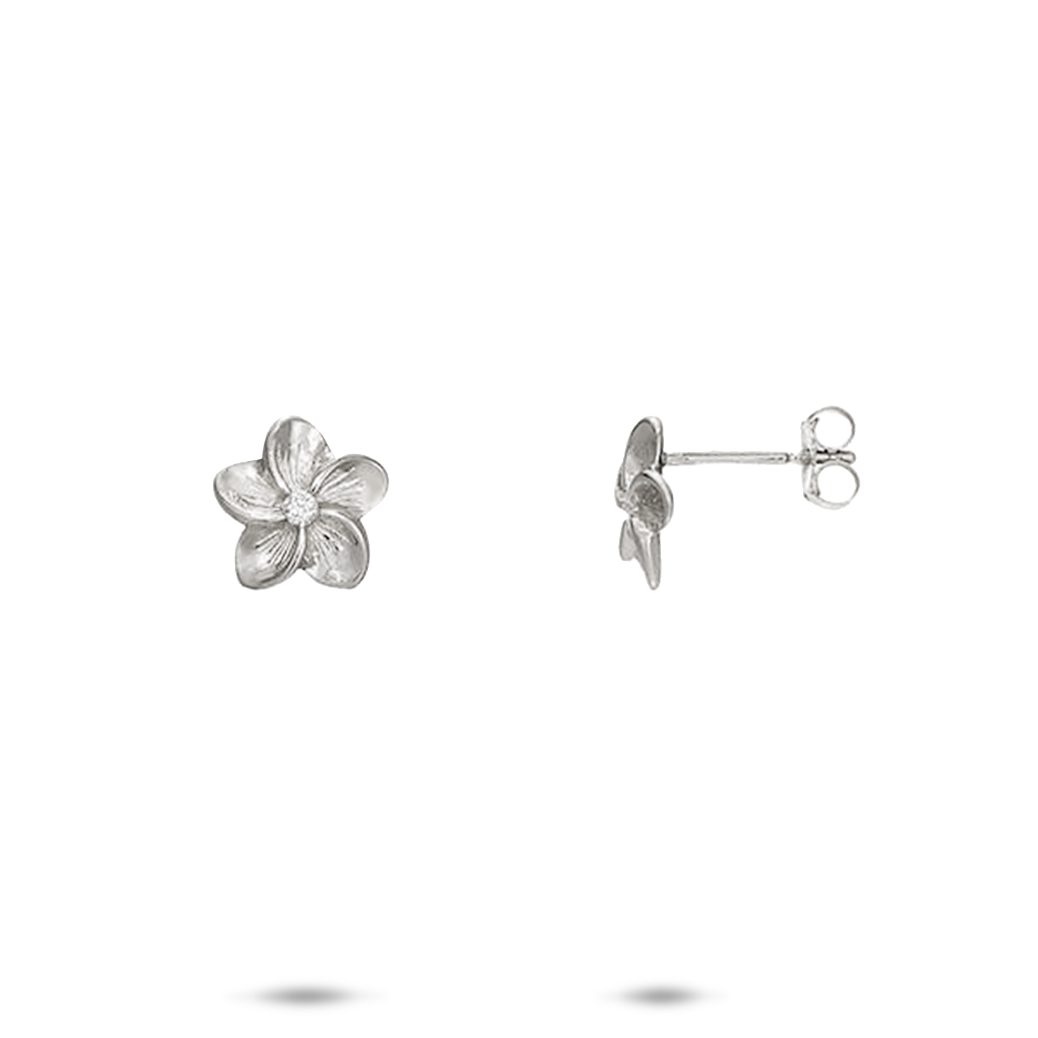 Hawaiian Heirloom Plumeria Earrings in White Gold with Diamonds - 9mm