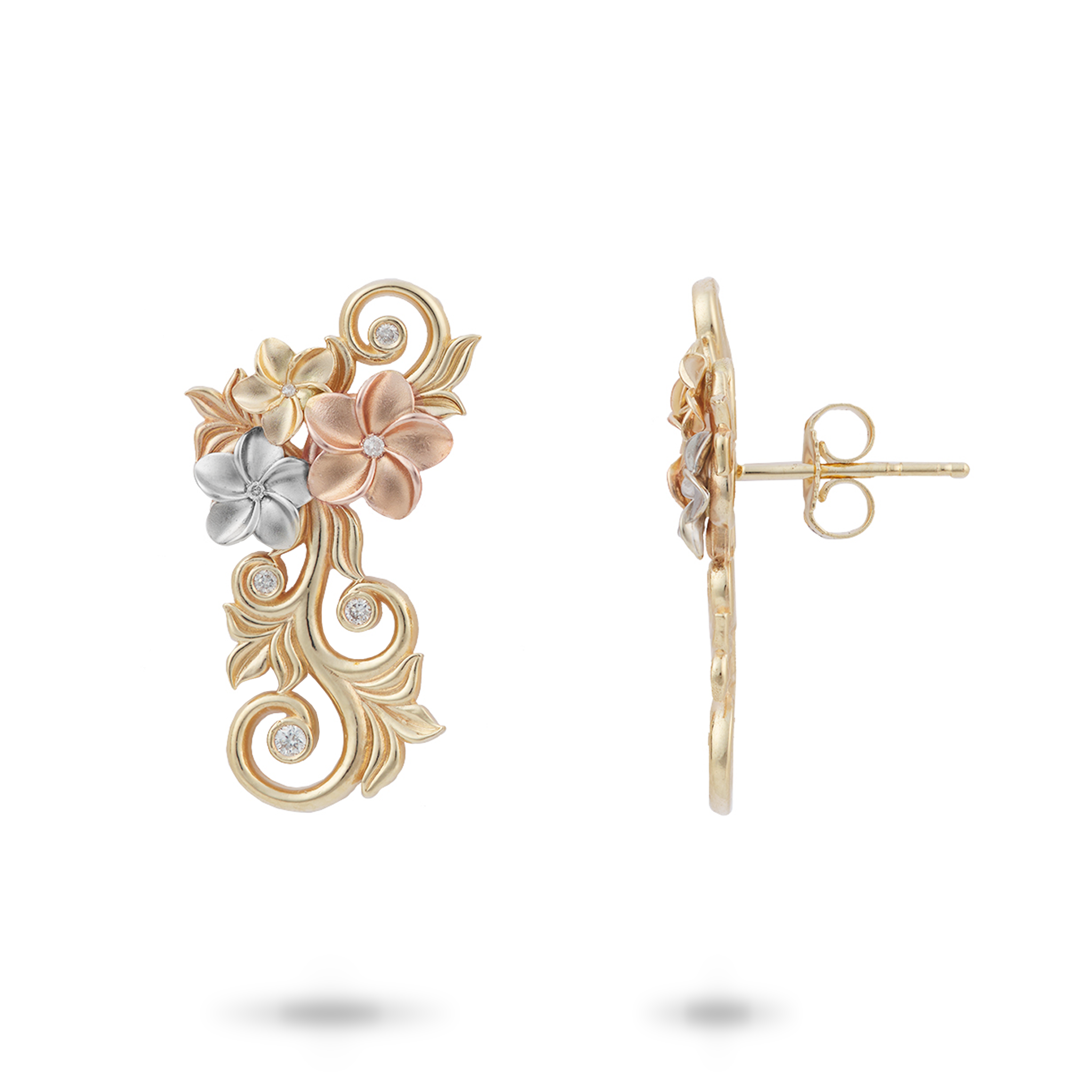 Vivre Heirloom Plumeria Earrings dans Tri Color Gold avec Diamonds-25mm