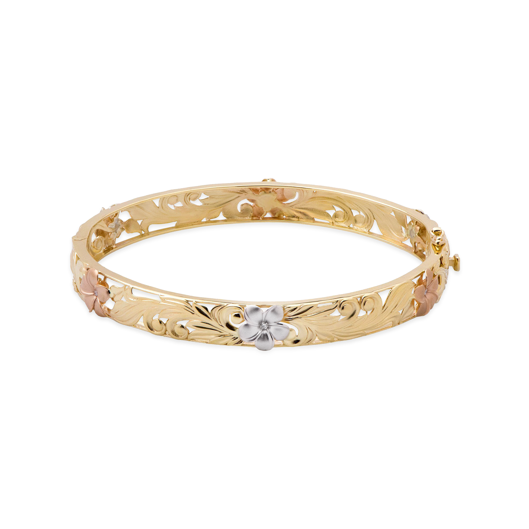 Hawaiian Heirloom Plumeria Hinge Bracelet in Tri Color Gold with Diamonds - 10mm