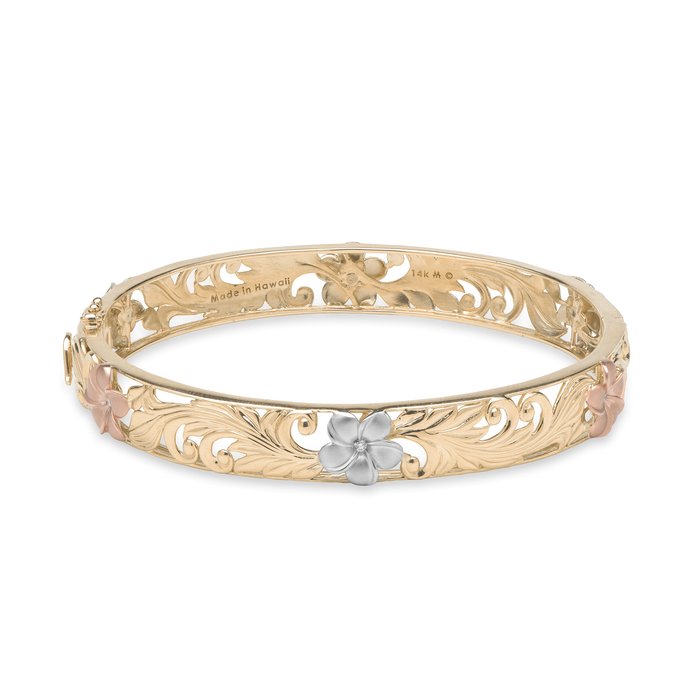 Hawaiian Heirloom Plumeria Diamond Bracelet 14k Tri Color Gold - 10mm