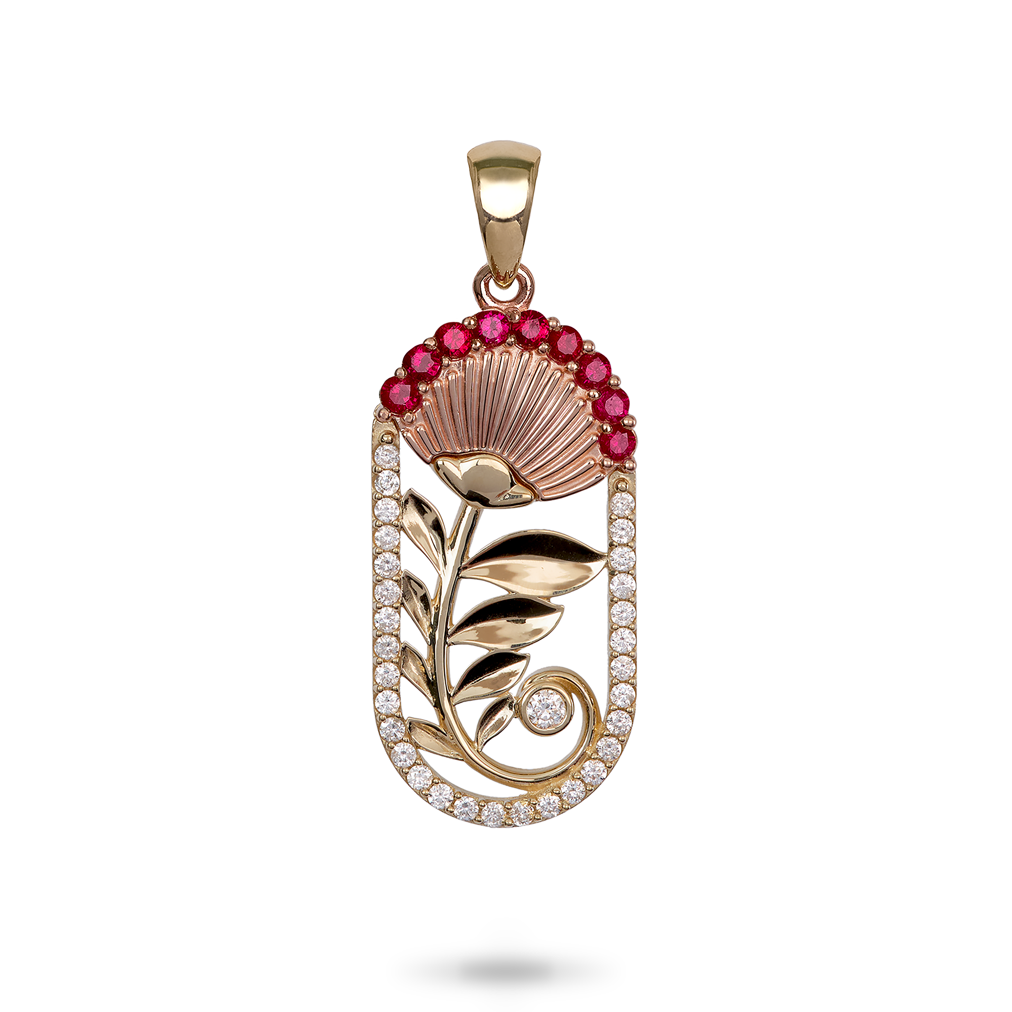 ʻŌhiʻa Lehua Ruby Pendant in Two Tone Gold with Diamonds - 27.5mm