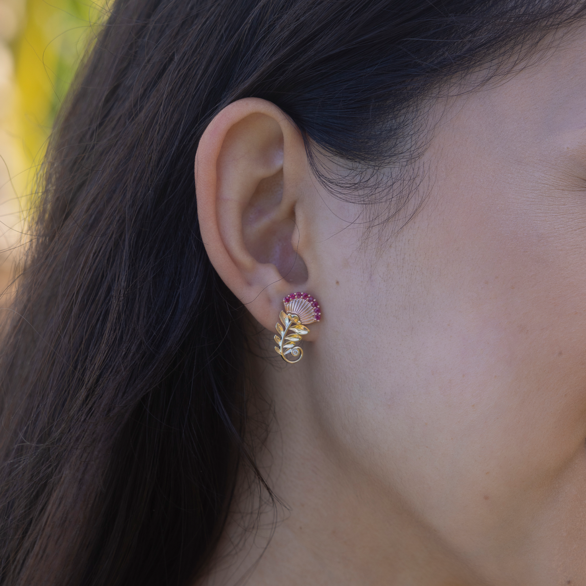 ʻŌhiʻa Lehua Ruby Earrings in Two Tone Gold with Diamonds - 19mm