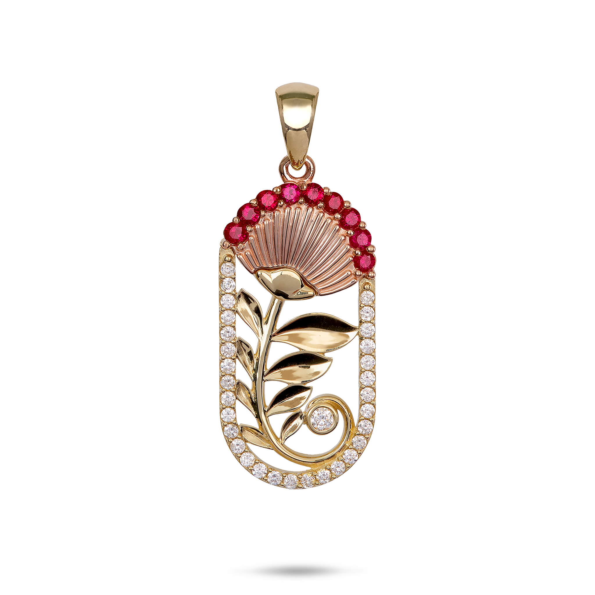 ʻŌhiʻa Lehua Ruby Pendant in Two Tone Gold with Diamonds - 27.5mm