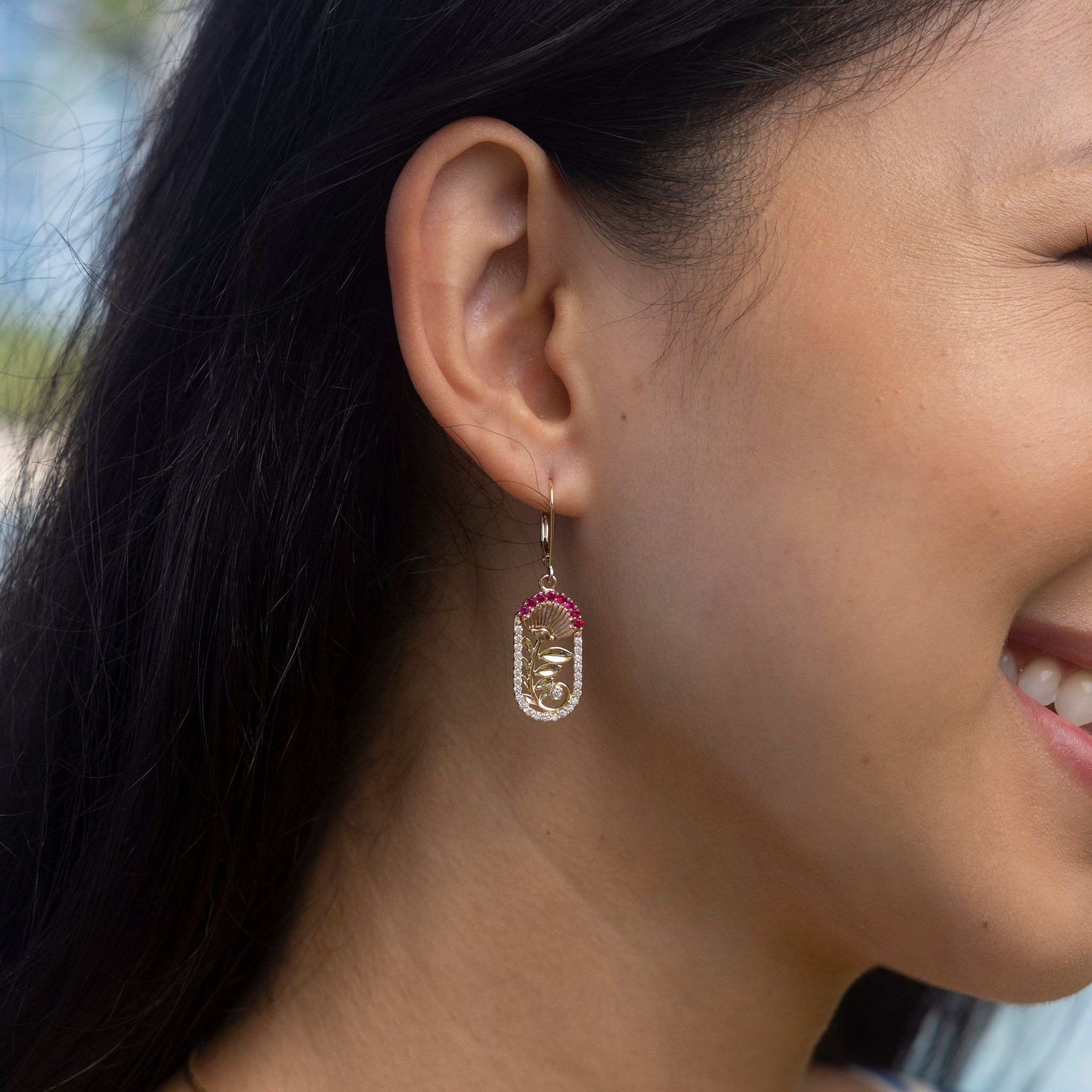 ʻŌhiʻa Lehua Ruby Earrings in Two Tone Gold with Diamonds - 24mm