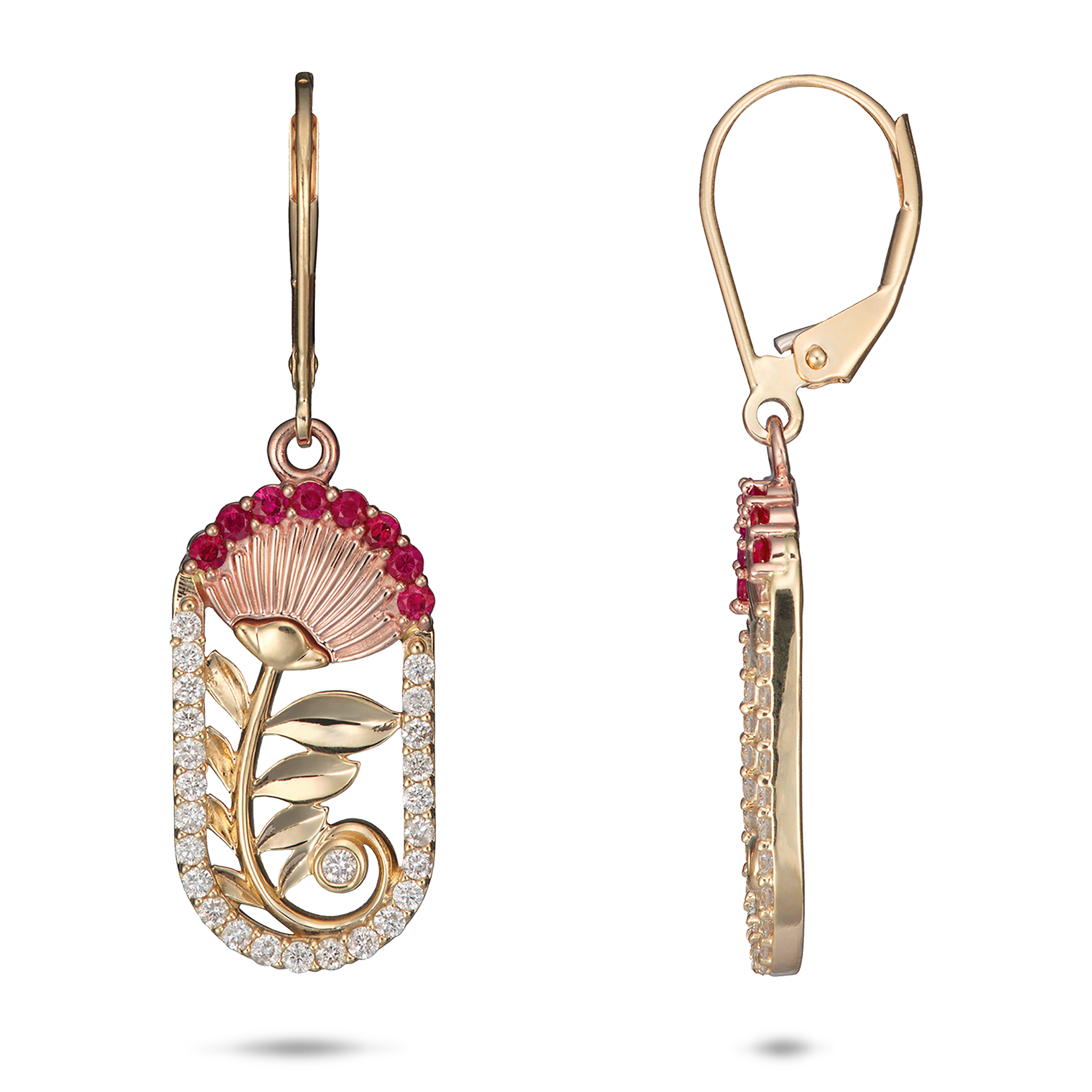 ʻŌhiʻa Lehua Ruby Earrings in Two Tone Gold with Diamonds - 24mm