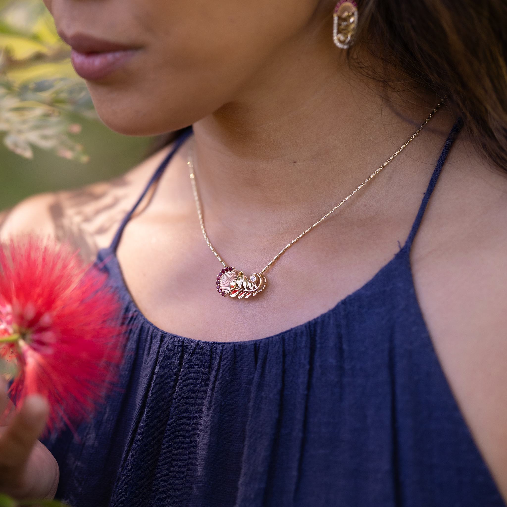 ʻŌhiʻa Lehua Ruby Pendant in Two Tone Gold with Diamonds - 24mm