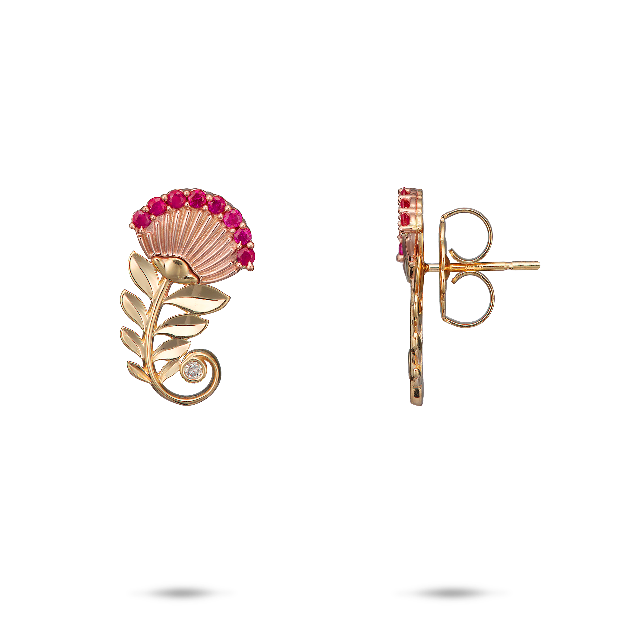 ʻŌhiʻa Lehua Ruby Earrings in Two Tone Gold with Diamonds - 19mm