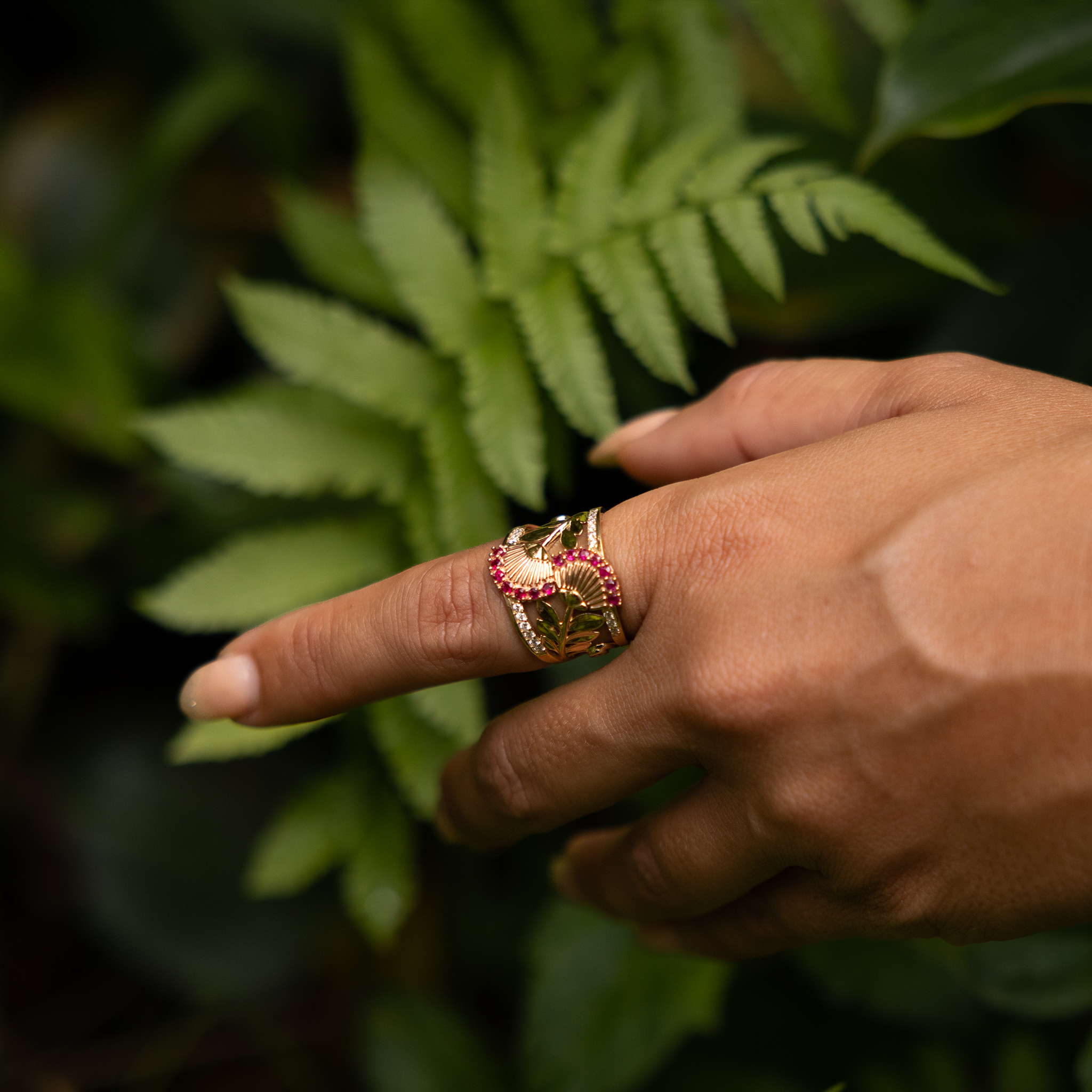 ʻŌhiʻa Lehua Ruby Ring in Two Tone Gold with Diamonds