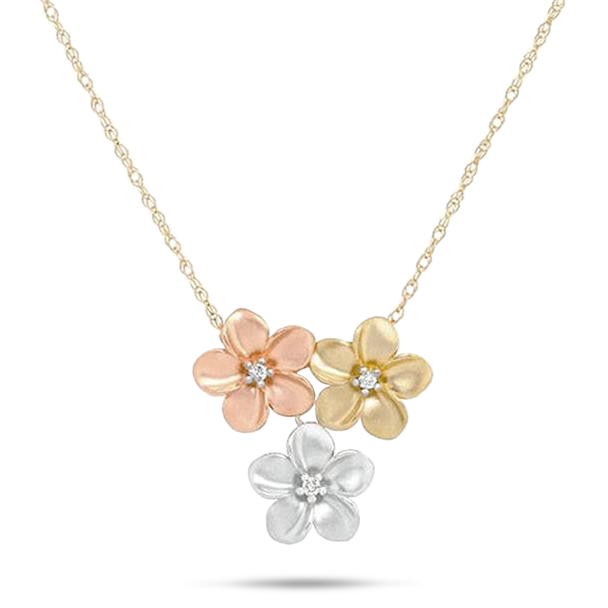 16" Plumeria Necklace in Tri Color Gold with Diamonds - 11mm