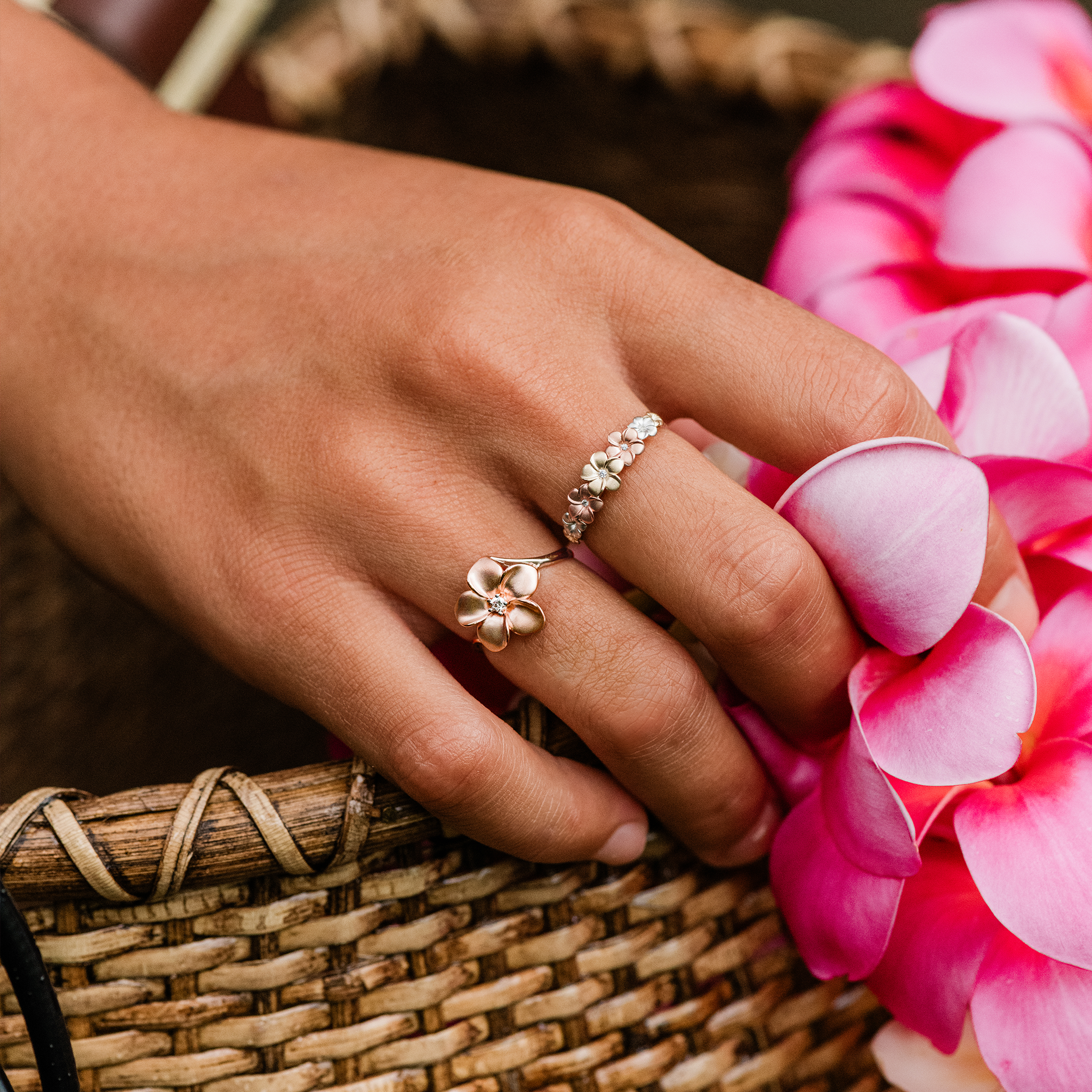 Plumeria Ring in Tri Color Gold with Diamonds - 6mm