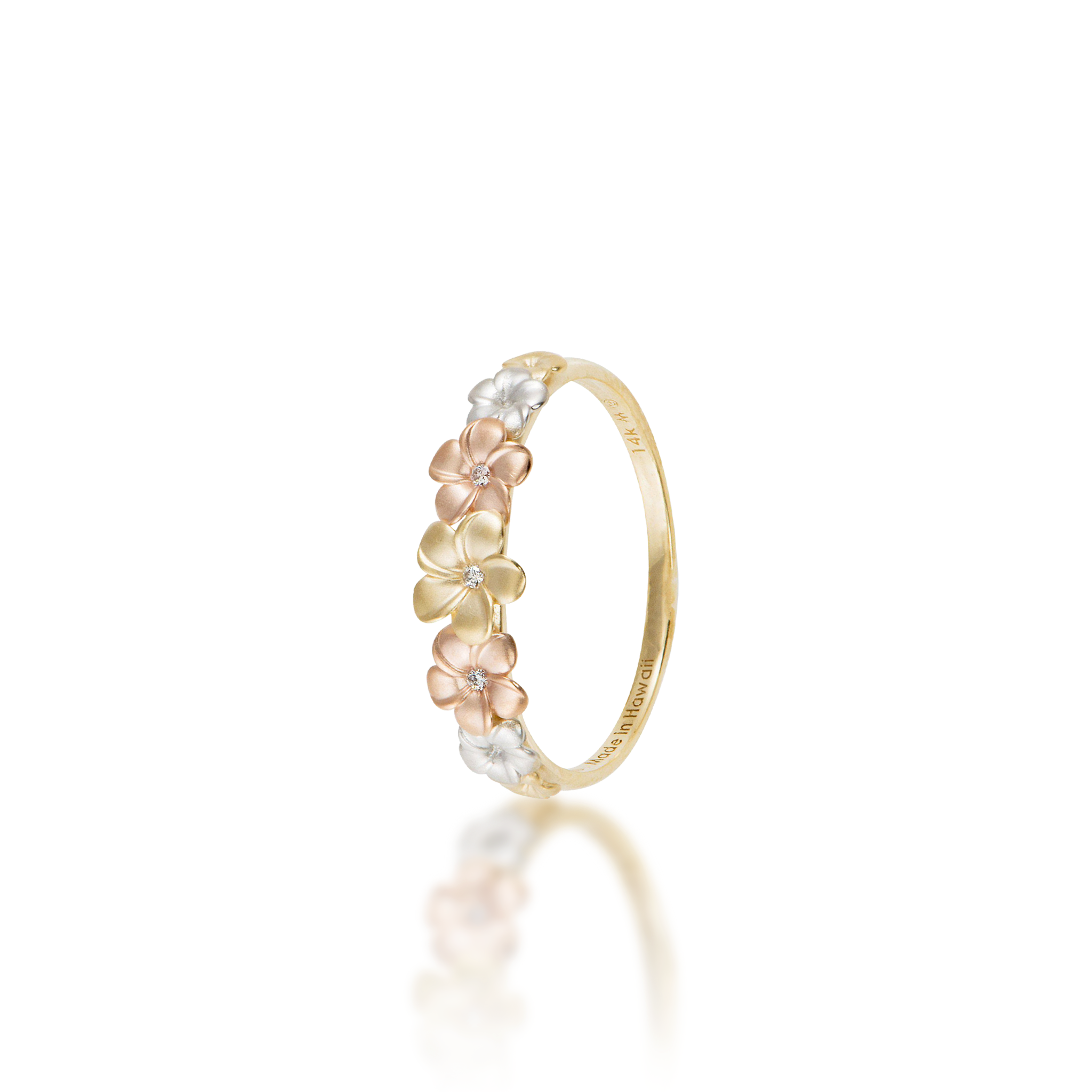 Plumeria Ring in Tri Color Gold with Diamonds - 6mm