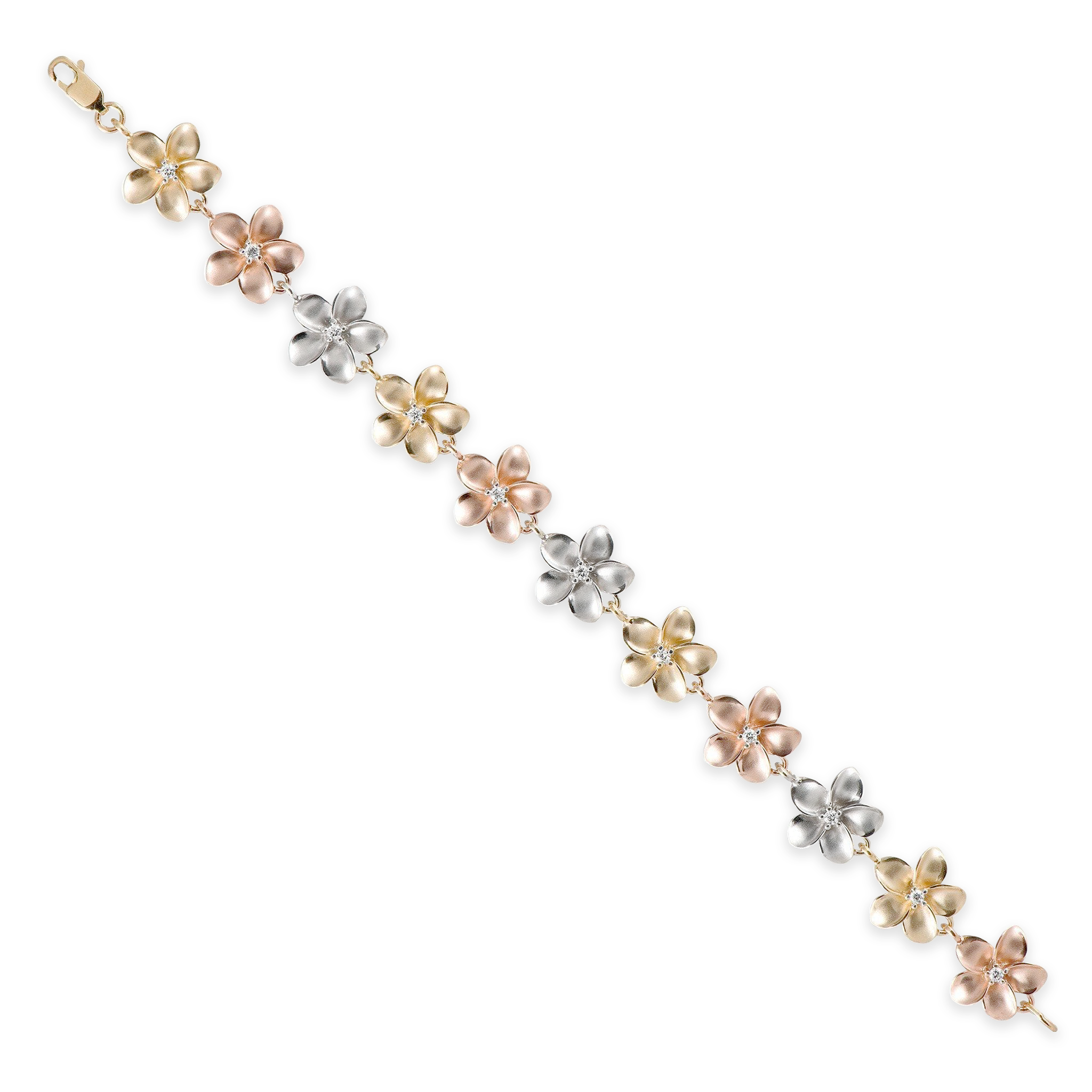 Plumeria Bracelet in Tri Color Gold with Diamonds - 13mm