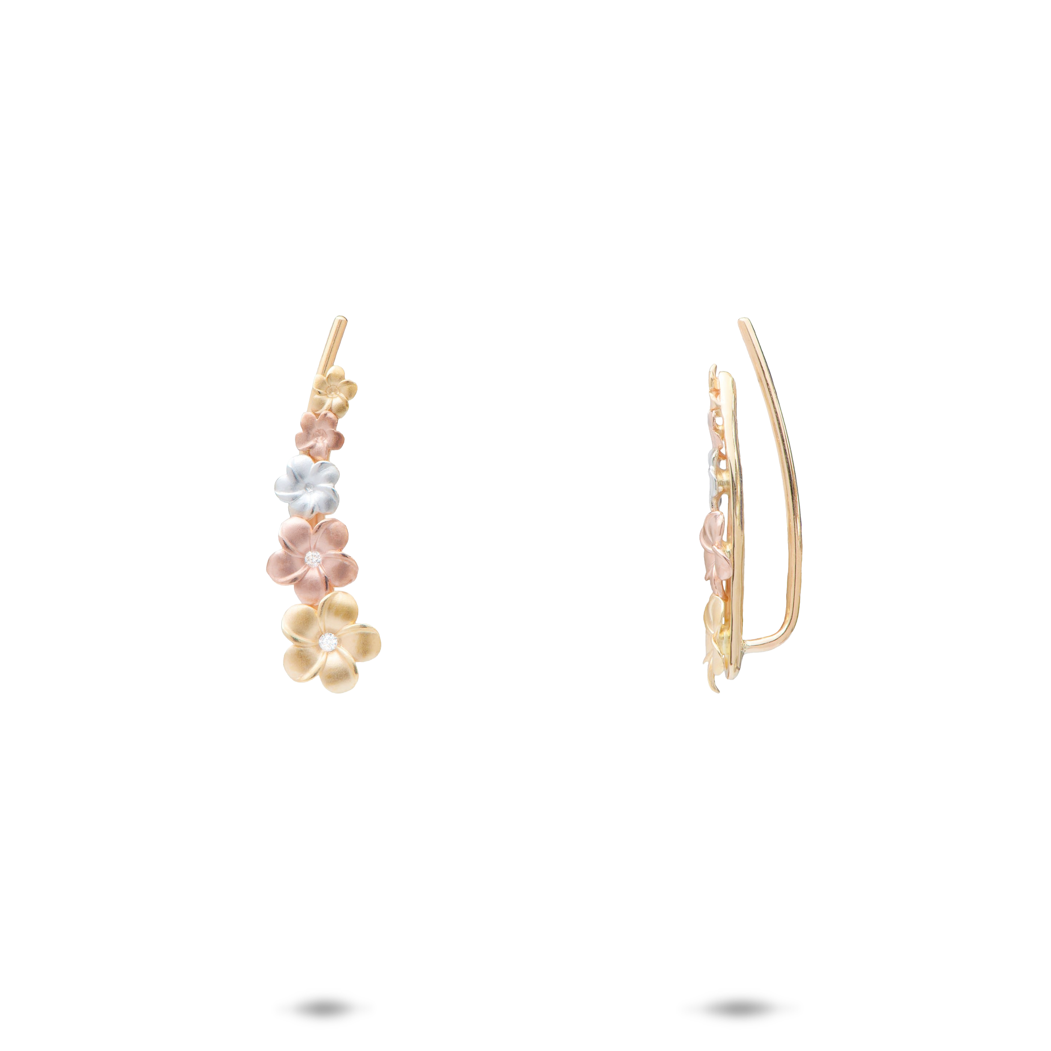 Plumeria Climber Earrings in Tri Color Gold with Diamonds - 19mm