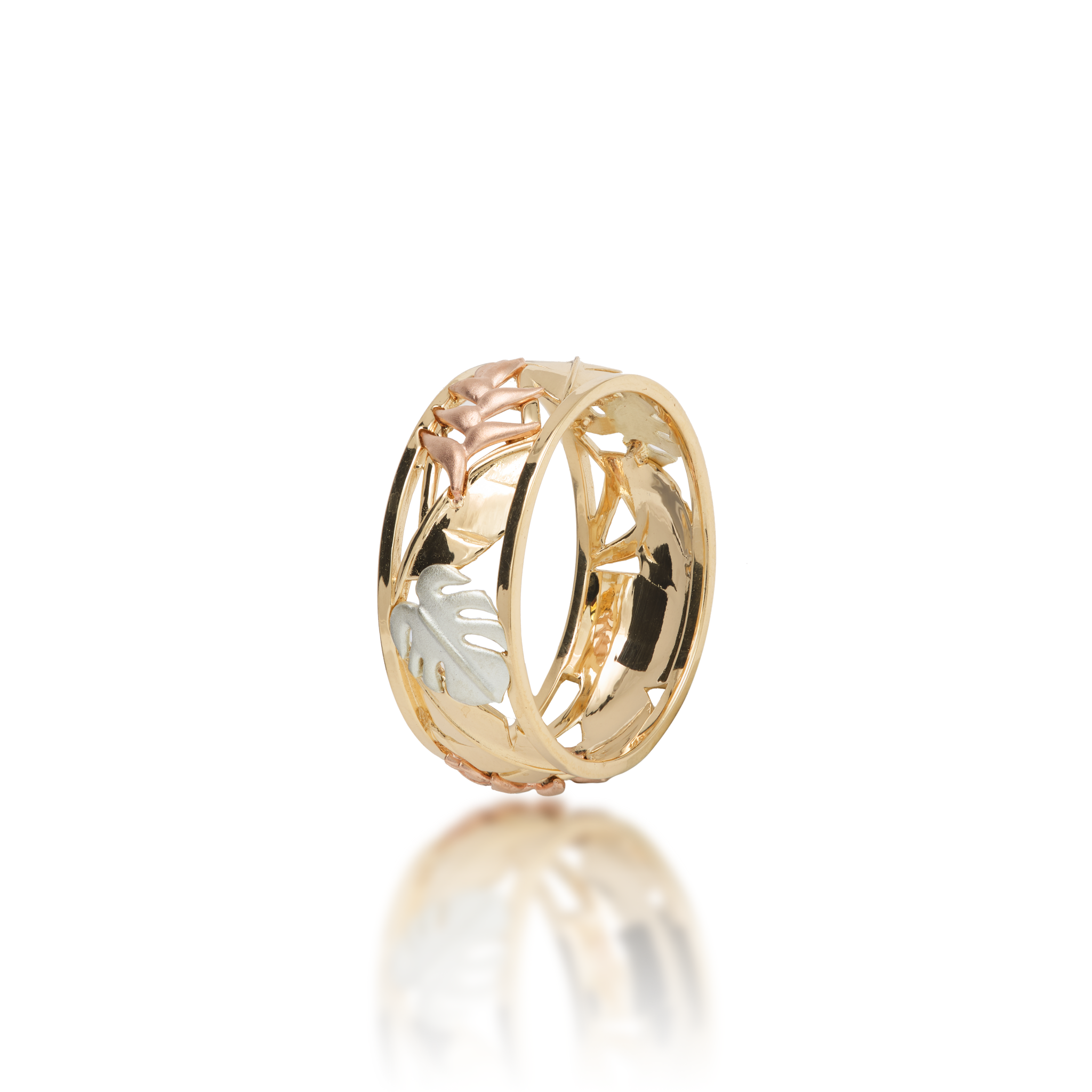 Hawaiian Gardens Monstera &amp; Heliconia Ring in dreifarbigem Gold – 8 mm